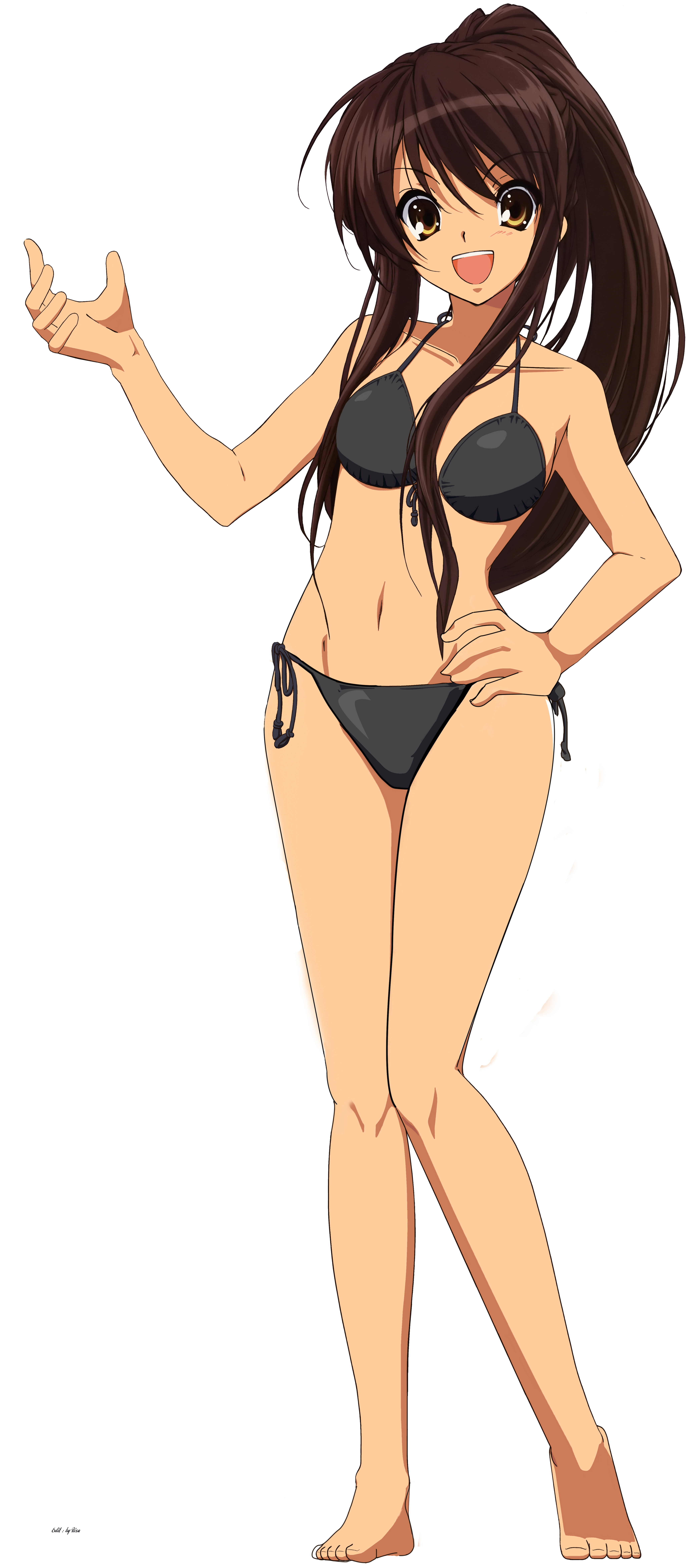 suzumiya haruhi, suzumiya haruhi no yuuutsu, absurdres, highres, third-party edit, 00s, 1girl, bad anatomy, bad feet, bad hands, barefoot, bikini, black bikini, brown eyes, brown hair, feet, female focus, long hair, ponytail, poorly drawn, side-tie bikini bottom, solo, swimsuit