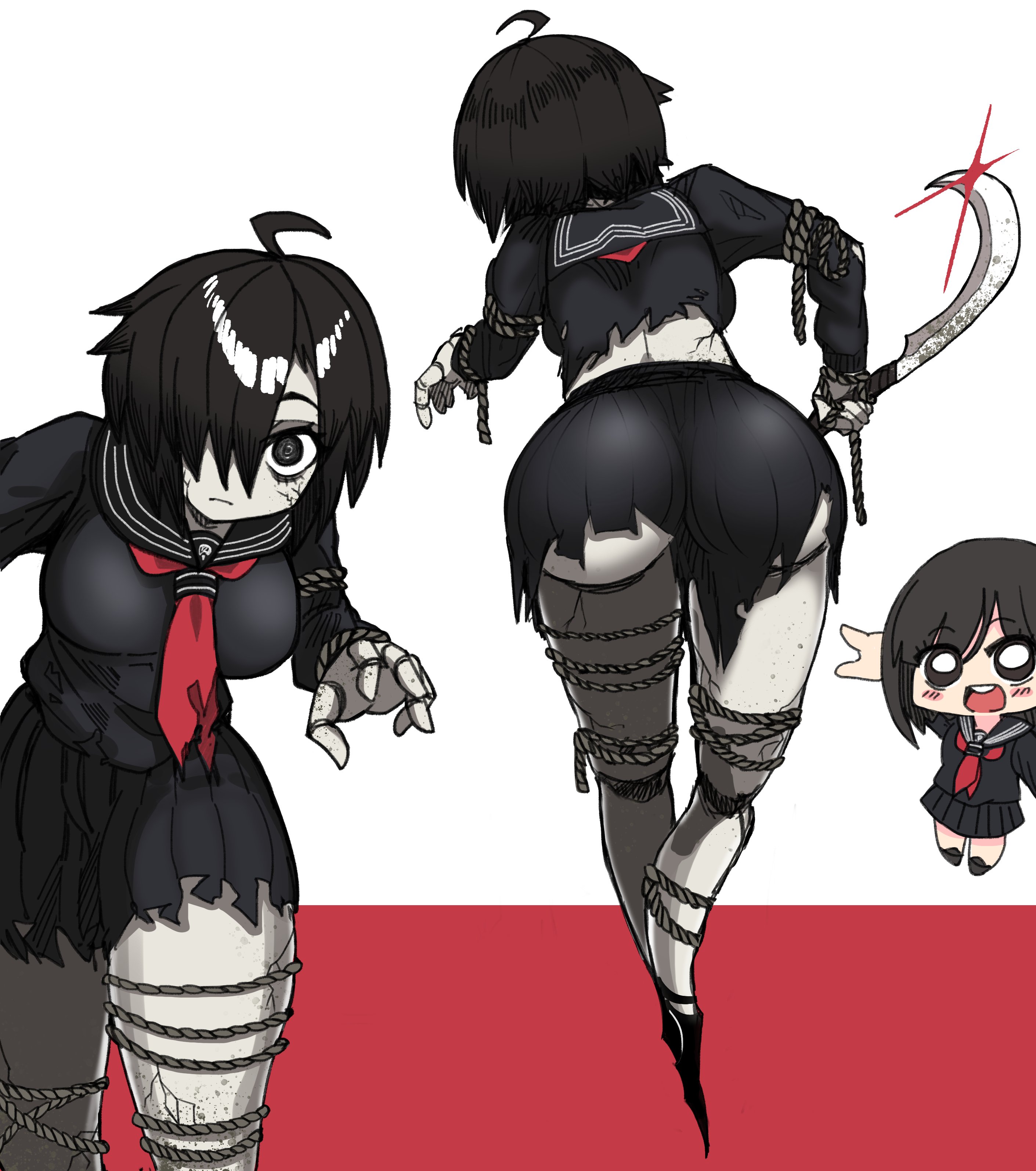 koshou shou mitsu, ayakakashi, shimizu hinako, silent hill (series), silent hill f, absurdres, highres, 2girls, ass peek, black eyes, black hair, black serafuku, black skirt, chibi, doll joints, hair over one eye, holding, holding weapon, joints, midriff, multiple girls, multiple views, neckerchief, red neckerchief, rope, school uniform, serafuku, skirt, torn clothes, torn skirt, weapon