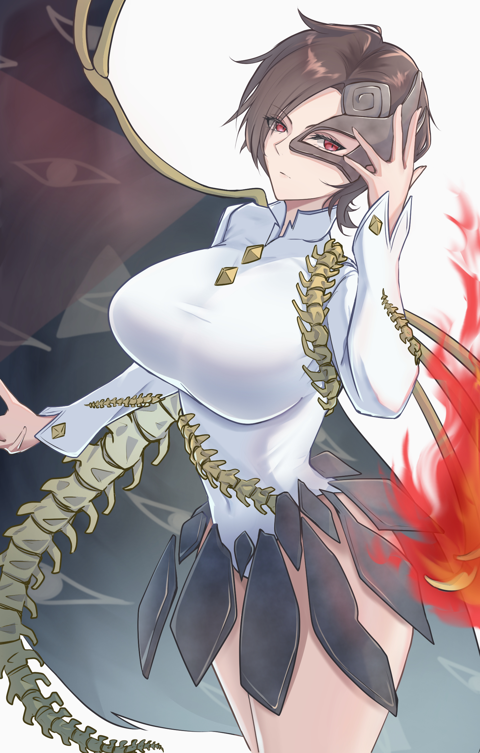 rh thunderriver, iwanaga ariya, fossilized wonders, touhou, absurdres, highres, 1girl, asymmetrical wings, bone, breasts, brown hair, brown mask, buttoned cuffs, buttons, closed mouth, covered navel, curvy, diamond button, eye print, eyes on wings, eyes visible through hair, fiery wings, gold buttons, hair over one eye, half mask, huge breasts, leotard, looking at viewer, mask, mask over one eye, parted hair, red eyes, ribbon around body, short hair, simple background, skeletal clothes, skeletal tail, skeletal wings, skirt, solo, spinal cord, tail, white background, white leotard, wide hips, wings