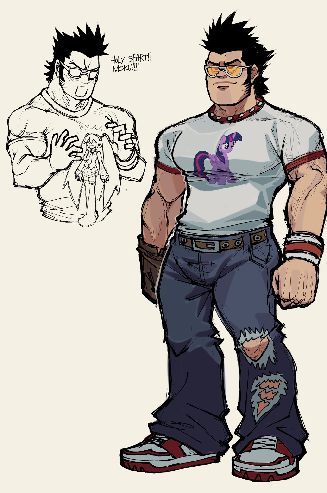 capsule (capsulecomputrz), travis touchdown, twilight sparkle, my little pony, my little pony: friendship is magic, no more heroes, vocaloid, commentary, english commentary, highres, 1boy, alternate muscle size, belt, black hair, blue pants, brown belt, brown gloves, clenched hands, closed mouth, denim, english text, figure, gloves, long sideburns, male focus, muscular, muscular male, open mouth, orange-tinted eyewear, pants, print shirt, shirt, shirt tucked in, shoes, short hair, sideburns, single glove, smile, sneakers, solo, spiked hair, sunglasses, sweatband, t-shirt, taut clothes, taut shirt, tinted eyewear, torn clothes, torn pants, white-framed eyewear, white shirt