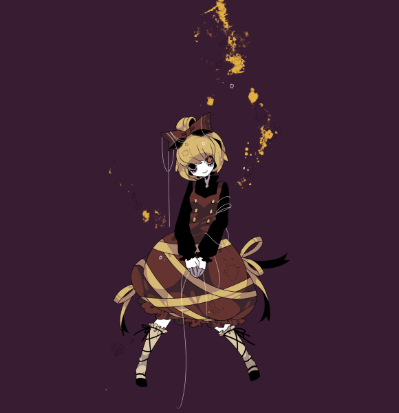 shikimi (yurakuru), kurodani yamame, touhou, 1girl, blonde hair, dark, female focus, full body, ribbon, short hair, solo, standing, yurakuru pixiv81607