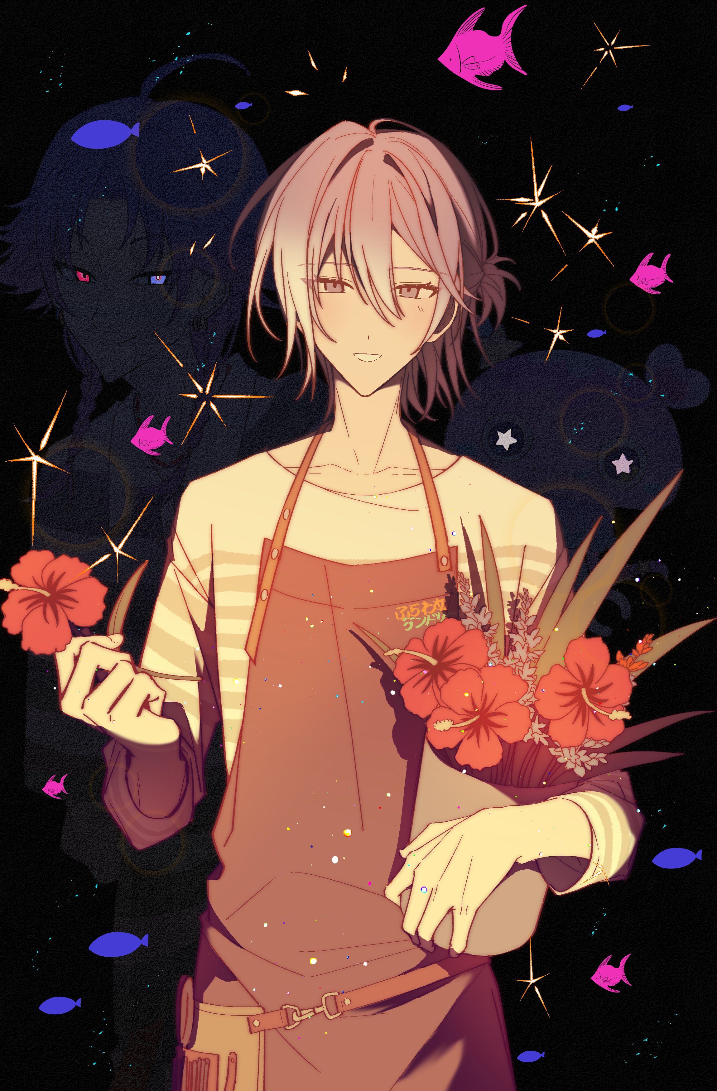 sanecooooooo, 18trip, absurdres, highres, 2boys, apron, cowboy shot, dark background, flower, flower pot, glowing, glowing eyes, grey eyes, grey hair, hachinoya nagi, half updo, heterochromia, holding, holding flower pot, light particles, long sleeves, looking at viewer, male focus, medium hair, multiple boys, parted lips, plant, red flower, shirt, smile, white shirt, yowa netaro