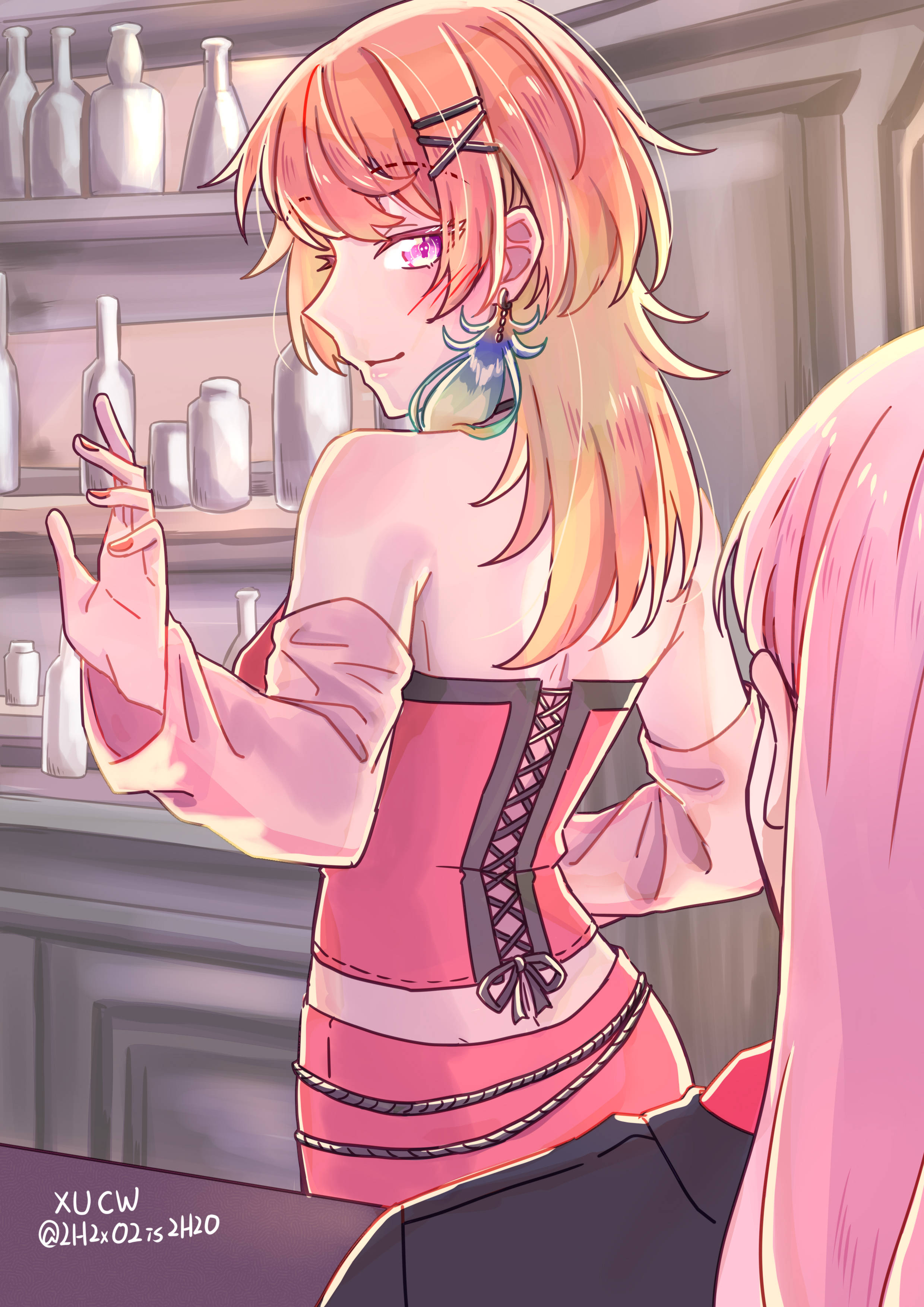 xu chin-wen, mori calliope, takanashi kiara, hololive, hololive english, absurdres, highres, 2girls, alternate costume, blush, breasts, earrings, feather earrings, feathers, gradient hair, green hair, jewelry, large breasts, long hair, multicolored hair, multiple girls, orange hair, pink hair, purple eyes, smile, virtual youtuber, yuri