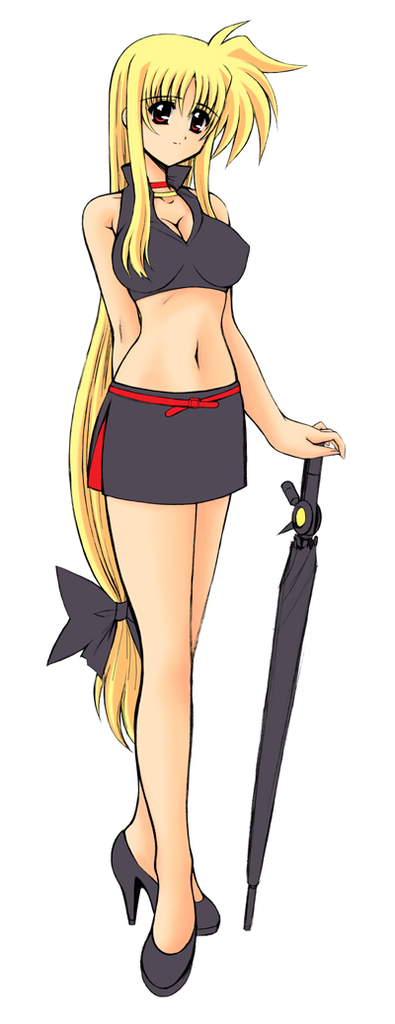 kamogawa tanuki, sei2makoto, bardiche (nanoha), fate testarossa, lyrical nanoha, mahou shoujo lyrical nanoha, mahou shoujo lyrical nanoha strikers, 00s, 1girl, alternate weapon, blonde hair, breasts, cleavage, closed umbrella, crossed legs, female focus, high heels, long hair, low-tied long hair, medium breasts, midriff, miniskirt, pencil skirt, planted, planted umbrella, race queen, shoes, skirt, solo, umbrella, very long hair, watson cross, weapon