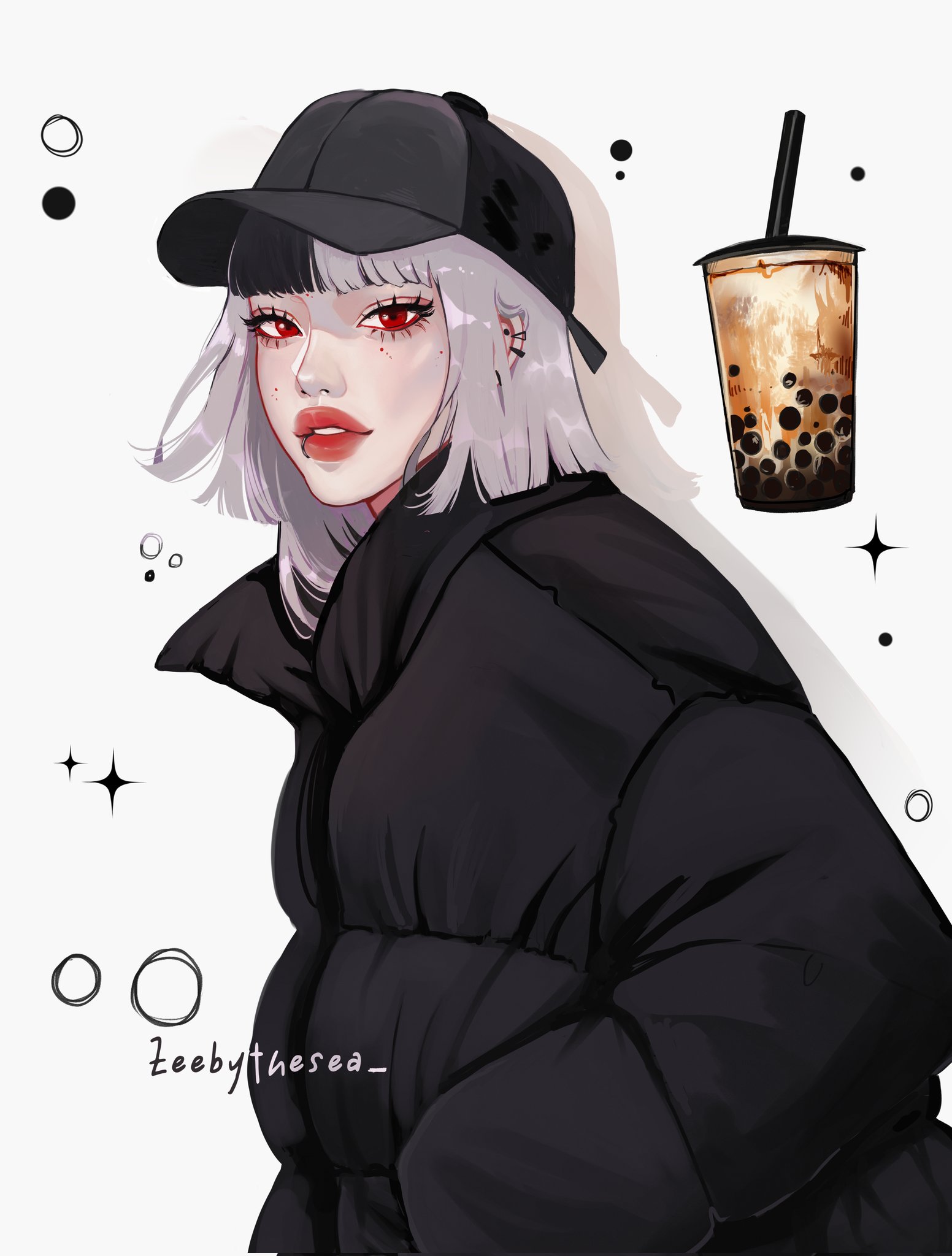 zeebythesea, original, highres, 1girl, artist name, asian, baseball cap, black hat, black jacket, black streaks, blunt bangs, blunt ends, bubble tea, circle, down jacket, drop shadow, ear piercing, eyelashes, face piercing, floating hair, four-pointed star, from side, hand in pocket, hat, jacket, jellyfish cut, kira (zeebythesea), lip piercing, looking at viewer, mole, mole on cheek, multicolored hair, parted lips, piercing, red eyes, ring piercing, single hair streak, straight hair, streetwear, thick lips, two-tone background, two-tone hair, upper body, white background, white hair