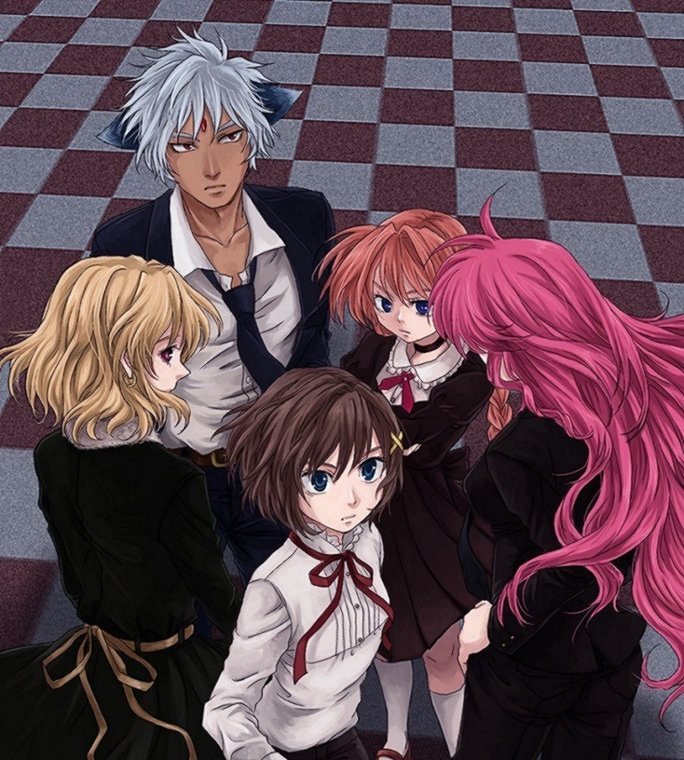 mishima ssuru, shamal, signum, vita (nanoha), yagami hayate, zafira, lyrical nanoha, mahou shoujo lyrical nanoha, silver hair, 00s, 1boy, 4girls, blonde hair, checkered background, checkered floor, collarbone, collared shirt, formal clothes, long hair, long sleeves, multiple girls, red ribbon, ribbon, shirt, simple background, standing, suit, very long hair, white shirt