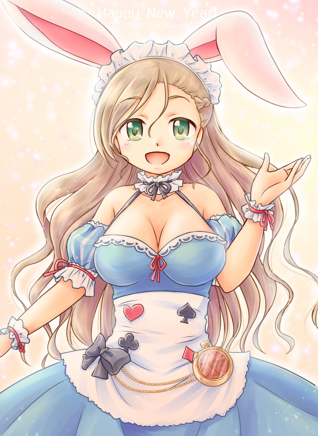 akihara ryou, alice (alice in wonderland), will (iris mysteria!), iris mysteria!, highres, 1girl, alice (alice in wonderland) (cosplay), animal ear hairband, animal ears, blonde hair, blue dress, blue sleeves, breasts, choker, cleavage, clock, cosplay, detached sleeves, dress, fake animal ears, frilled choker, frilled sleeves, frilled wrist cuffs, frills, green eyes, hairband, large breasts, long hair, looking at viewer, maid headdress, open mouth, rabbit ear hairband, rabbit ears, sleeveless, sleeveless dress, smile, solo, white wrist cuffs, wrist cuffs