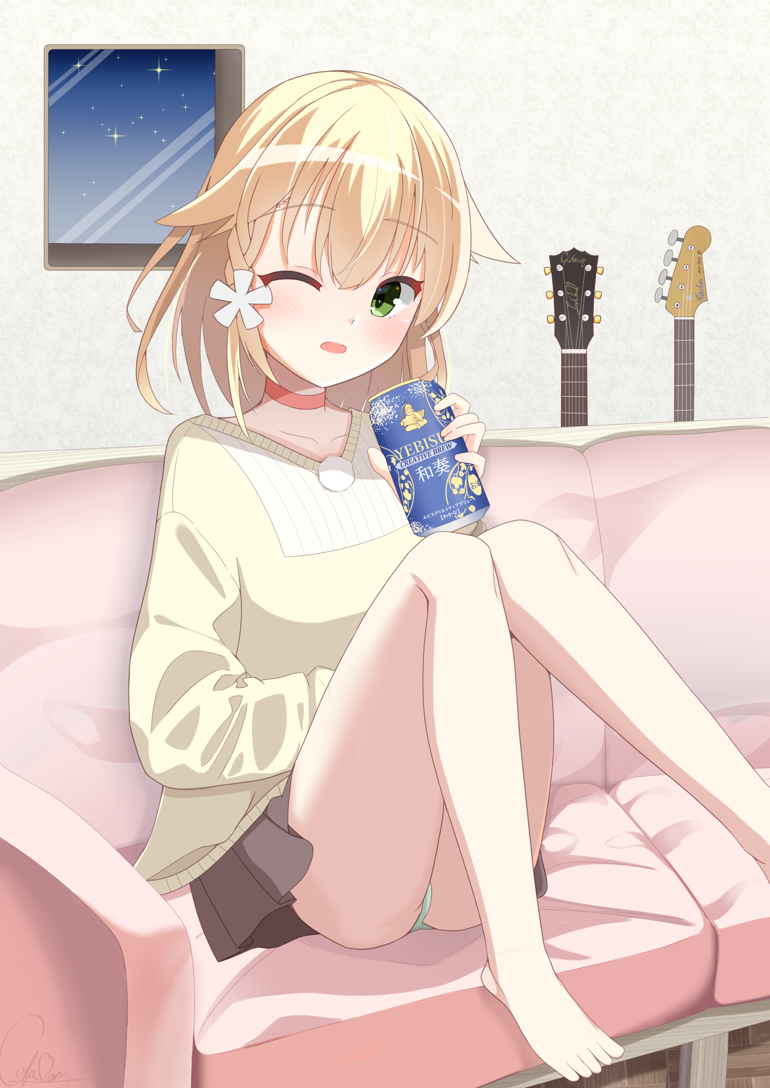 kariya wakana, sanoba witch, commentary request, highres, 1girl, bare legs, barefoot, beer can, blonde hair, blush, braid, brown skirt, can, choker, collarbone, couch, drink can, eh31950235, feet out of frame, flipped hair, green eyes, green panties, guitar, hair between eyes, hand up, holding, holding can, indoors, instrument, knees together feet apart, knees up, looking at viewer, medium hair, miniskirt, night, on couch, one eye closed, open mouth, panties, pleated skirt, red choker, side braid, single braid, sitting, skirt, solo, star (sky), sweater, thighs, toes, underwear, window, yellow sweater