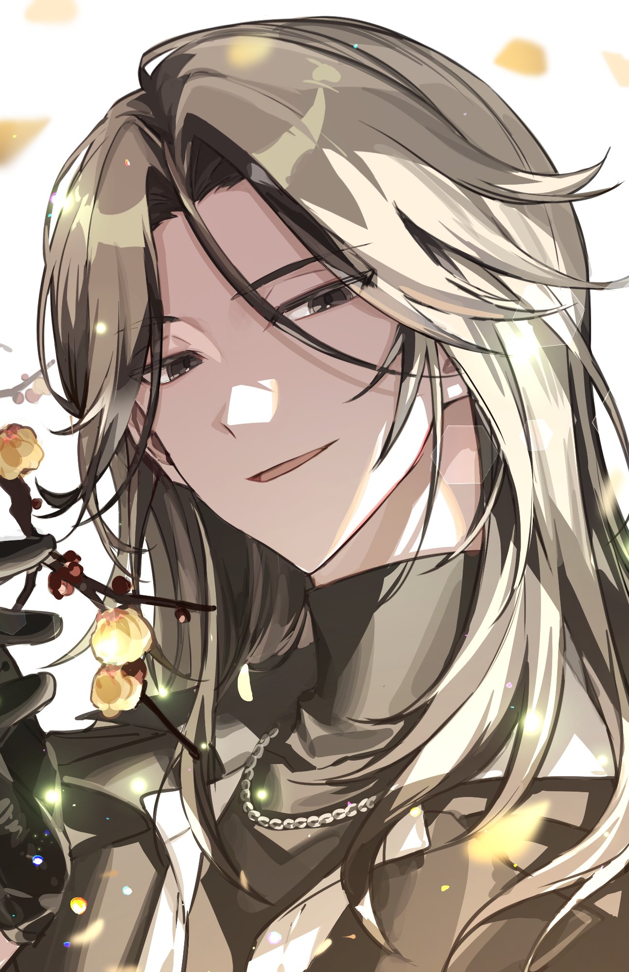18trip, highres, 1boy, black eyes, black gloves, black jacket, black shirt, flower, gloves, grey hair, hair between eyes, hamunicetrip, jacket, long hair, looking at viewer, lu liguang, male focus, open mouth, parted bangs, petals, portrait, shirt, simple background, smile, solo, turtleneck, white background, yellow flower, yellow petals