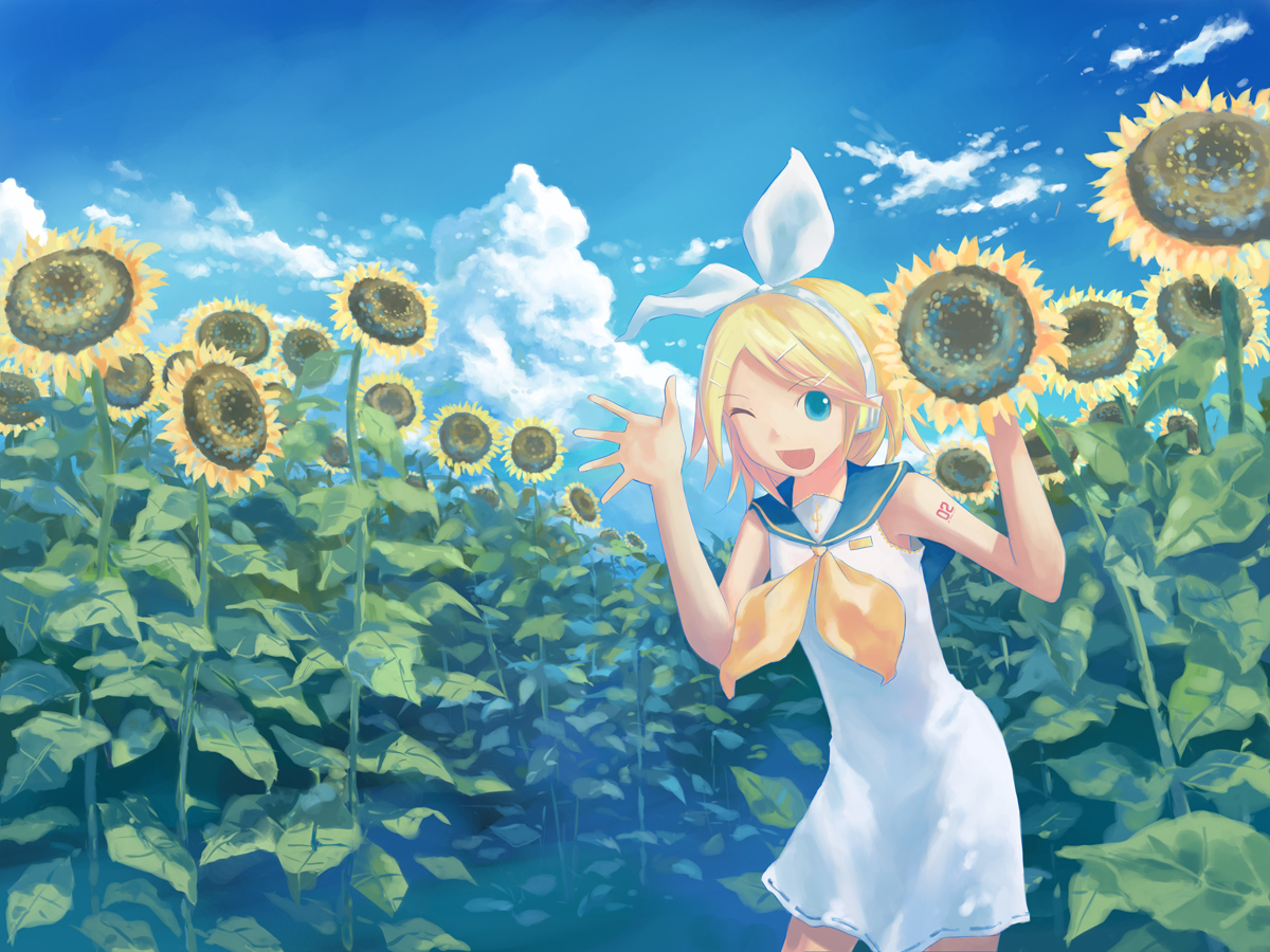 isou nagi, kagamine rin, vocaloid, 1girl, blonde hair, blue eyes, cloud, day, female focus, flower, one eye closed, ribbon, short hair, sky, solo, sunflower, wink
