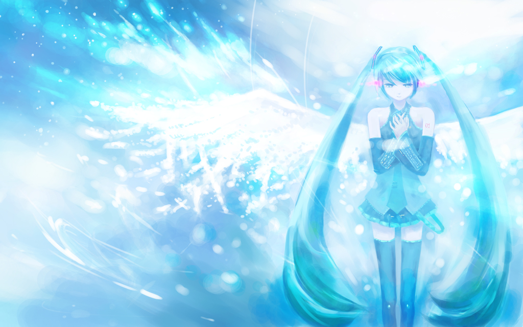 isou nagi, hatsune miku, vocaloid, detached sleeves, green eyes, green hair, long hair, necktie, skirt, solo, thighhighs, twintails, wings, zettai ryouiki