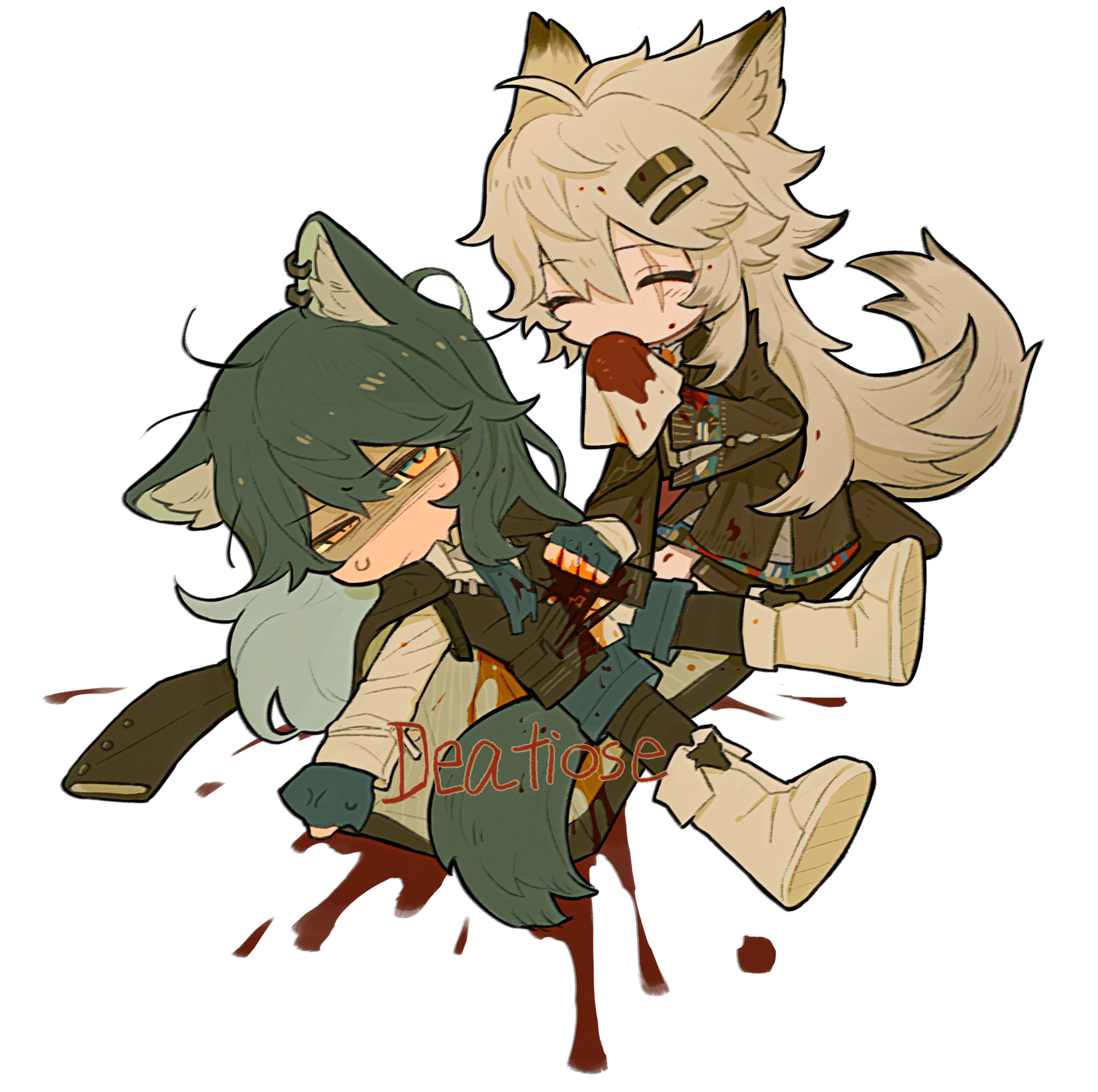 deatiose, lappland (arknights), lappland the decadenza (arknights), texas (arknights), texas the omertosa (arknights), arknights, commentary, highres, 2girls, ^ ^, animal ear fluff, animal ears, artist name, blood, blood on clothes, blood stain, blue hair, boots, closed eyes, deformed, earclip, fingerless gloves, gloves, grey hair, handkerchief, holding, holding handkerchief, injury, long hair, multiple girls, puddle, scar, scar across eye, scar on face, simple background, tail, white background, white boots, wolf ears, wolf girl, wolf tail, yellow eyes