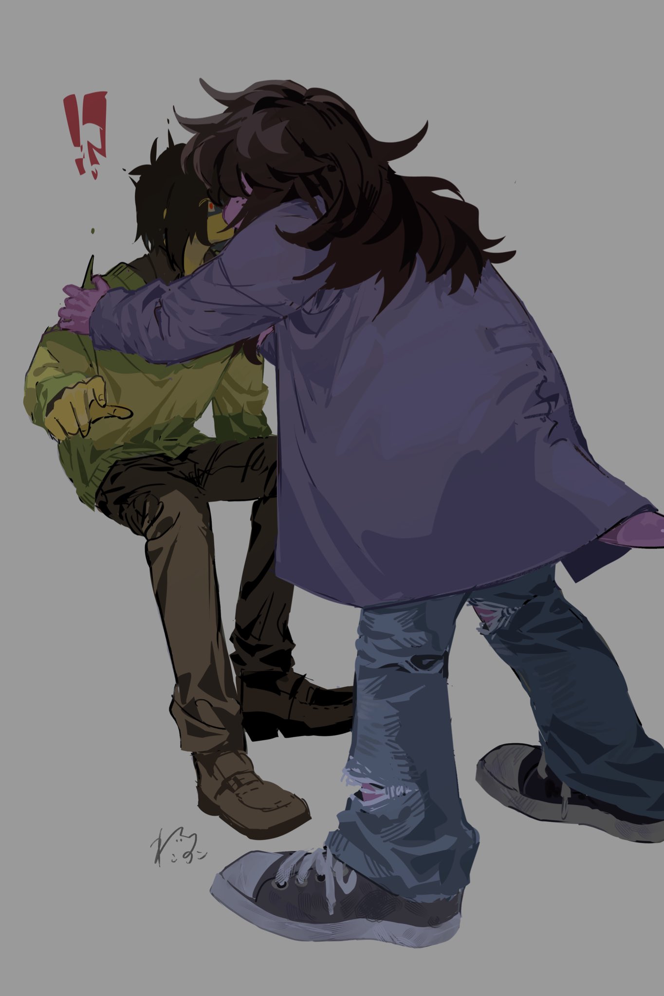 kris (deltarune), susie (deltarune), deltarune, utdr (toby fox), commentary, highres, !?, 1girl, 1other, black hair, black shoes, blue pants, brown pants, colored skin, green sweater, jacket, kiss, long hair, nekoneko (nekonoko kinoko), other with female, pants, purple jacket, purple skin, red eyes, reptile girl, shoes, short hair, single horizontal stripe, sitting, striped clothes, striped sweater, surprise kiss, surprised, sweater, tail, torn clothes, torn pants, yellow skin