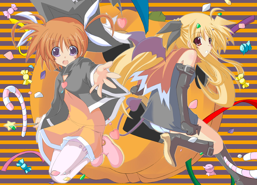 plus9, fate testarossa, takamachi nanoha, lyrical nanoha, mahou shoujo lyrical nanoha, bad id, bad pixiv id, 00s, 2girls, black dress, blonde hair, boots, brown hair, candy, candy cane, cape, dress, elbow gloves, food, gloves, hair ribbon, halloween, jack-o'-lantern, knee boots, multiple girls, orange skirt, panties, pantyhose, pantyshot, pumpkin, purple eyes, red eyes, ribbon, skirt, tail, twintails, underwear, white pantyhose, wings