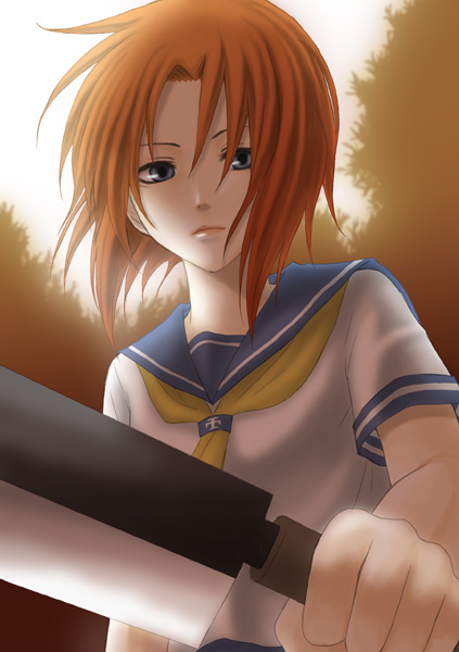 miu (artist), ryuuguu rena, higurashi no naku koro ni, bad id, bad pixiv id, 00s, 1girl, billhook, blue eyes, female focus, hatchet, nata (tool), orange hair, school uniform, serafuku, solo