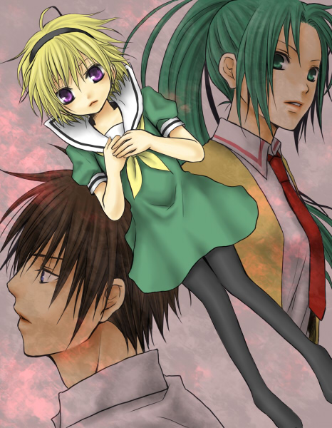 miu (artist), houjou satoko, maebara keiichi, sonozaki mion, higurashi no naku koro ni, bad id, bad pixiv id, 00s, 1boy, 2girls, blonde hair, blue eyes, brown hair, dress, green eyes, green hair, hairband, headband, multiple girls, necktie, pantyhose, purple eyes, red necktie, sailor dress, short hair