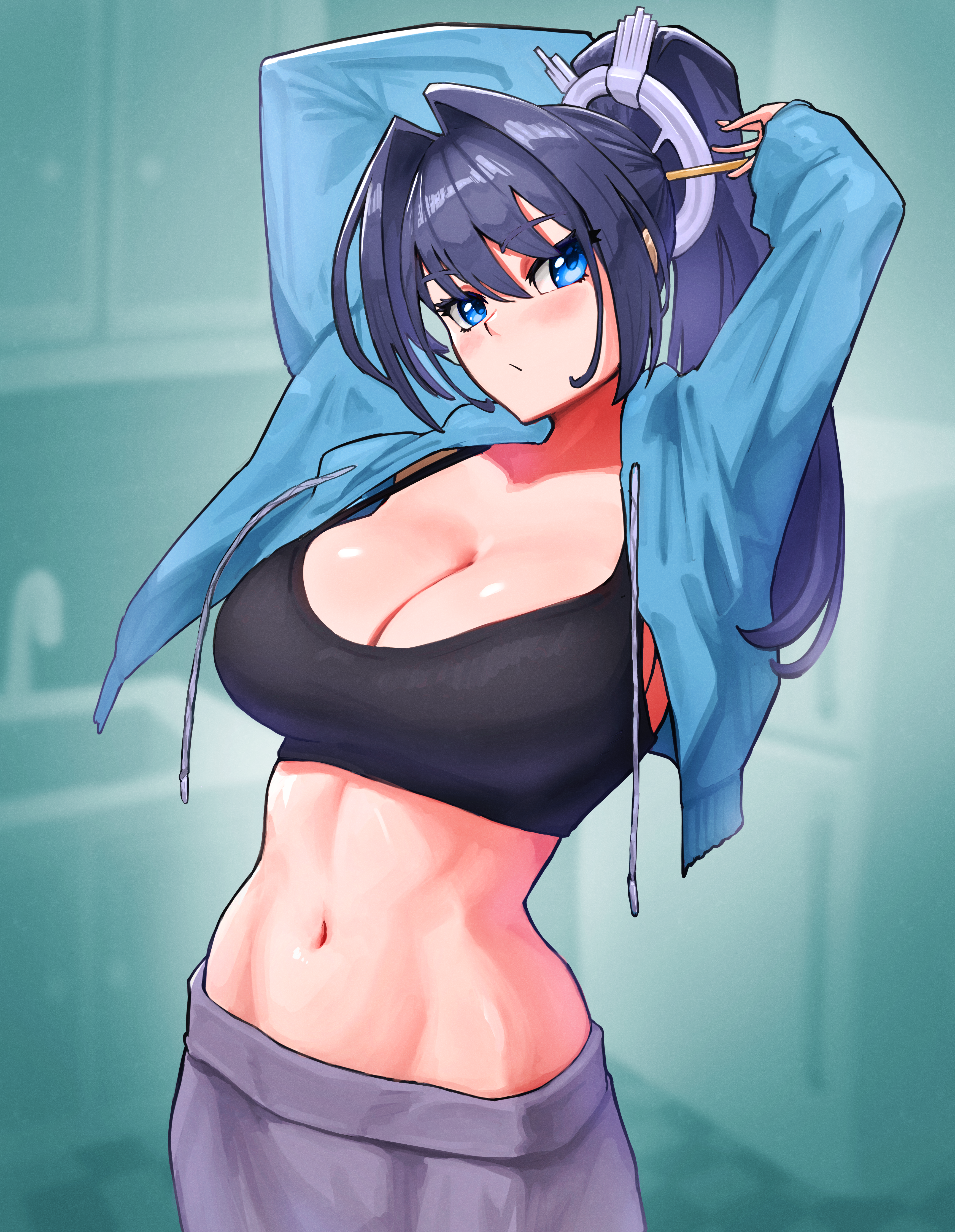 yodokogon, ouro kronii, hololive, hololive english, absurdres, commentary, english commentary, highres, 1girl, arms up, black hair, blue eyes, blue jacket, breasts, cleavage, closed mouth, crop top, faucet, grey pants, hair intakes, indoors, jacket, kitchen, large breasts, long hair, navel, pants, ponytail, refrigerator, sink, solo, virtual youtuber