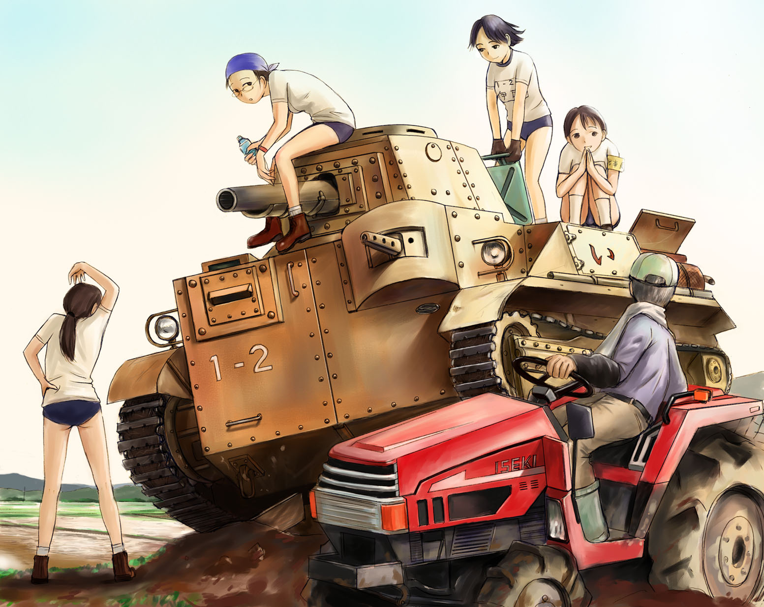 mimura kaoru, original, vehicle, highres, 1boy, 4girls, bandana, buruma, caterpillar tracks, glasses, gym uniform, long hair, military, military vehicle, motor vehicle, multiple girls, on tank, ponytail, short hair, tank, tractor
