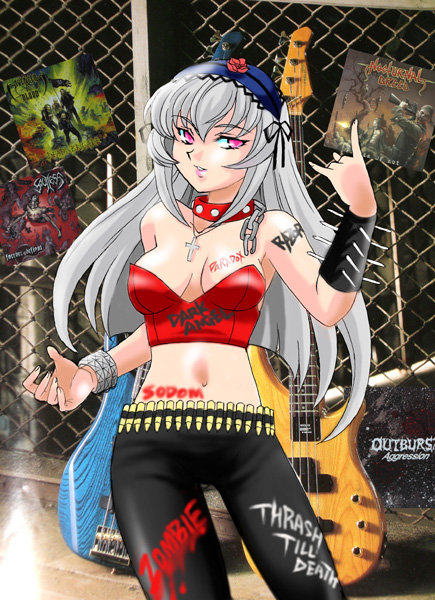 ranpu, suigintou, rozen maiden, silver hair, 00s, 1girl, n/, belt, breasts, bullet, bustier, collar, female focus, guitar, hairband, instrument, large breasts, lingerie, long hair, m/, pink eyes, solo, spikes, underwear, wristband
