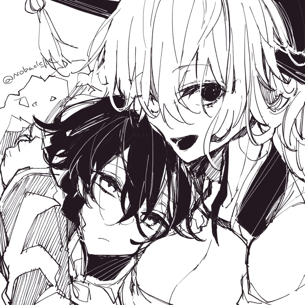 chiyou (kaedegami), kaedegami, 1boy, 1girl, breasts, cleavage, kou (kaedegami), large breasts, long hair, looking at viewer, open mouth, smile