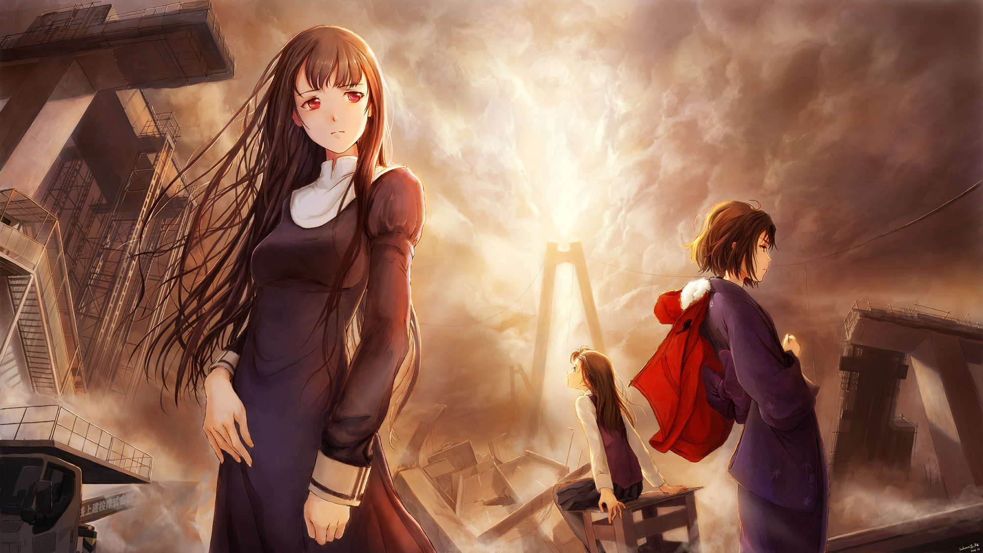 shiika sadamasa, asagami fujino, kokutou azaka, ryougi shiki, kara no kyoukai, highres, 3girls, black hair, blue eyes, blunt bangs, breasts, brown eyes, brown hair, cloud, jacket, japanese clothes, kimono, knife, long hair, medium breasts, multiple girls, obi, purple hair, red eyes, red jacket, reien girl's academy school uniform, ruins, sash, school uniform, short hair, sky, tears, vest