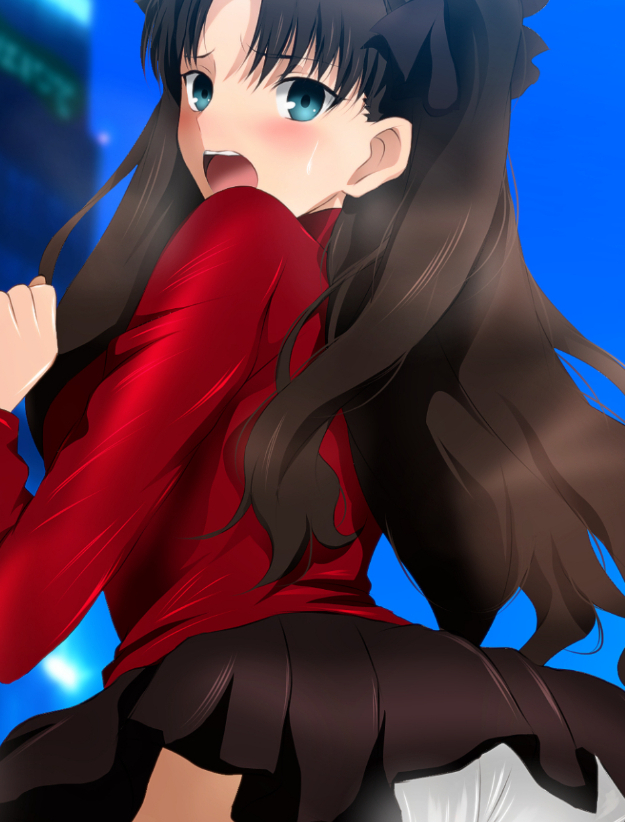 yadokari genpachirou, tohsaka rin, fate/stay night, fate (series), commentary request, 1girl, ass, black bow, black hair, black skirt, blue eyes, blue sky, blurry, blurry background, blush, bow, building, clenched teeth, day, embarrassed, from behind, giant, giantess, hair bow, hand up, long hair, long sleeves, looking at viewer, looking back, miniskirt, open mouth, outdoors, panties, parted bangs, pleated skirt, puffy long sleeves, puffy sleeves, red sweater, skirt, sky, solo, sweatdrop, sweater, teeth, turtleneck, turtleneck sweater, two side up, underwear, white panties