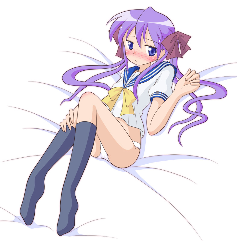 mel (artist), mel (melty pot), hiiragi kagami, lucky star, bad id, bad pixiv id, 00s, 1girl, bed sheet, black socks, blue eyes, blush, bow, female focus, hair bow, kneehighs, long hair, lying, no pants, panties, purple hair, ribbon, school uniform, serafuku, socks, solo, twintails, underwear, white panties