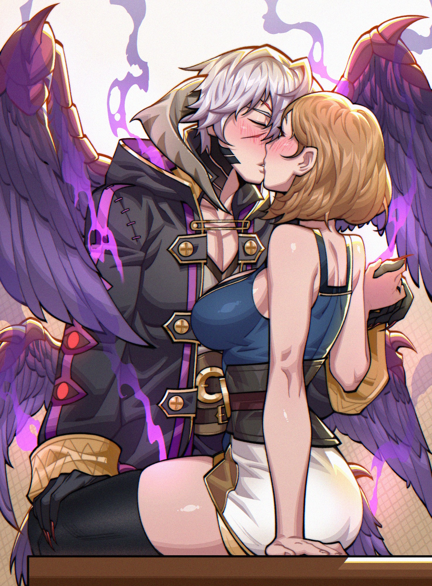 female kiran (fire emblem), kiran (fire emblem), male robin (fire emblem), male robin (grima) (fire emblem), fire emblem, fire emblem heroes, nintendo, commission, highres, 1boy, 1girl, ass, aura, belt, belt buckle, black claws, black cloak, black thighhighs, blue shirt, blush, breasts, brown hair, buckle, claws, cloak, closed eyes, couple, dark aura, dragon, dragon horns, extra eyes, female kiran (fire emblem) (evomanaphy), hand on another's thigh, holding hands, horns, jewelry, kiss, large breasts, medium hair, ring, scales, shirt, sitting, skindentation, thick thighs, thighhighs, thighs, white hair, wings, zuddi