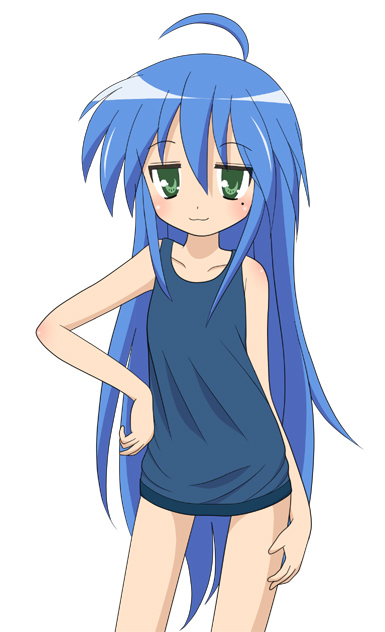 mel (artist), mel (melty pot), izumi konata, lucky star, 00s, 1girl, ahoge, blue hair, bottomless, female focus, flat chest, green eyes, hand on own hip, hip focus, long hair, mole, mole under eye, simple background, solo, tank top, white background