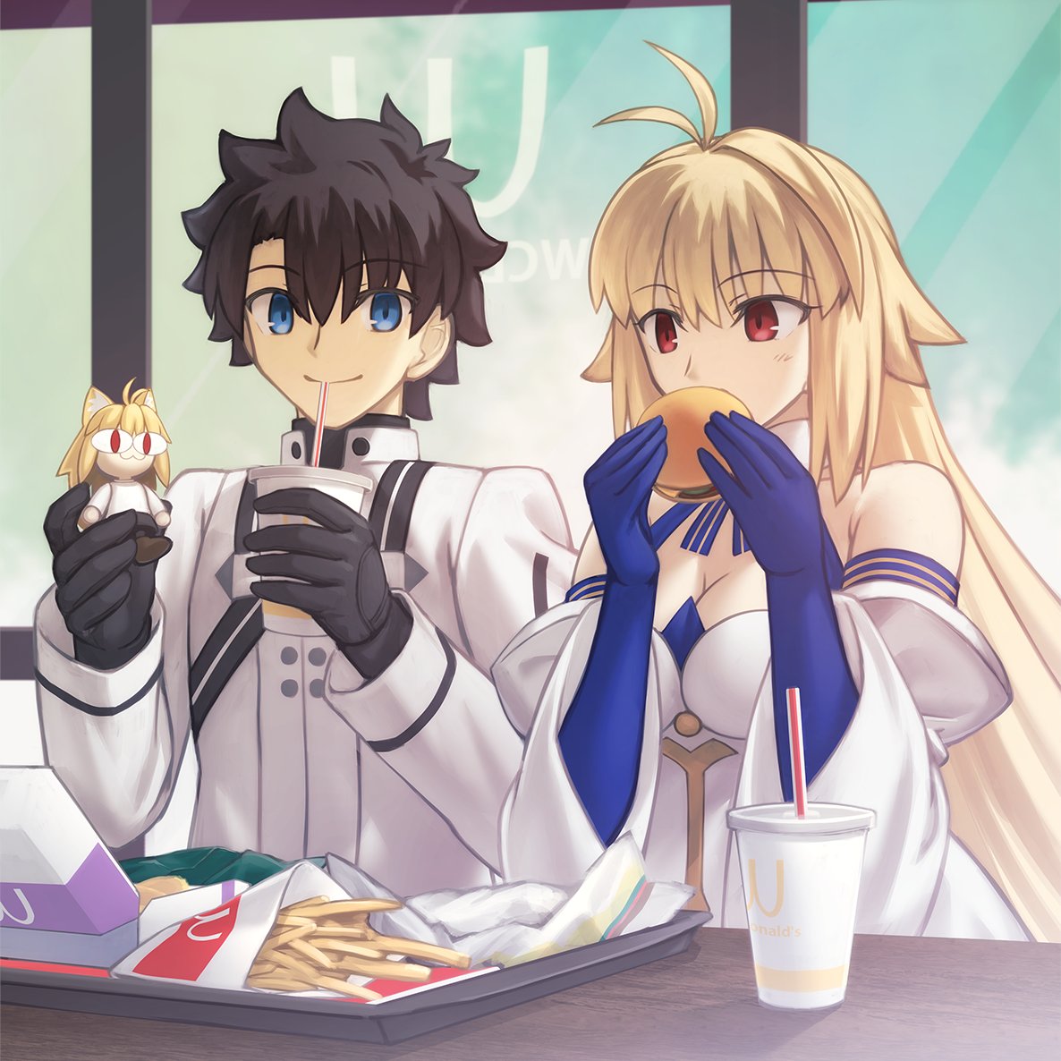 shoori (migiha), archetype earth, archetype earth (third ascension), arcueid brunestud, fujimaru ritsuka (male), fujimaru ritsuka (male) (decisive battle chaldea uniform), neco-arc, fate/grand order, fate (series), mcdonald's, tsukihime, wcdonald's, 1boy, 1girl, antenna hair, bare shoulders, black hair, blonde hair, blue eyes, blue gloves, breasts, burger, cleavage, detached sleeves, dress, food, french fries, gloves, holding, holding toy, jacket, large breasts, long hair, red eyes, short hair, strapless, strapless dress, toy, upper body, white dress, white jacket, white sleeves