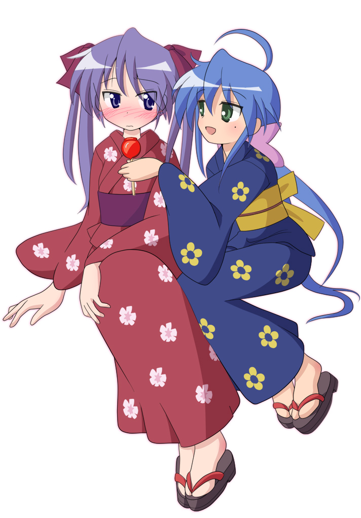 mel (artist), mel (melty pot), hiiragi kagami, izumi konata, lucky star, 00s, 2girls, ahoge, blue eyes, blue hair, blush, candy apple, female focus, floral print, food, full body, green eyes, holding candy apple, holding food, japanese clothes, kimono, long hair, mole, mole under eye, multiple girls, open mouth, purple hair, ribbon, simple background, tabi, twintails, white background, yuri