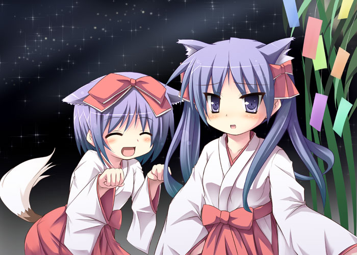 tekehiro, hiiragi kagami, hiiragi tsukasa, lucky star, 00s, 2girls, animal ears, hakama, hakama skirt, japanese clothes, long hair, miko, multiple girls, purple hair, red hakama, short hair, siblings, sisters, skirt, tail, twintails