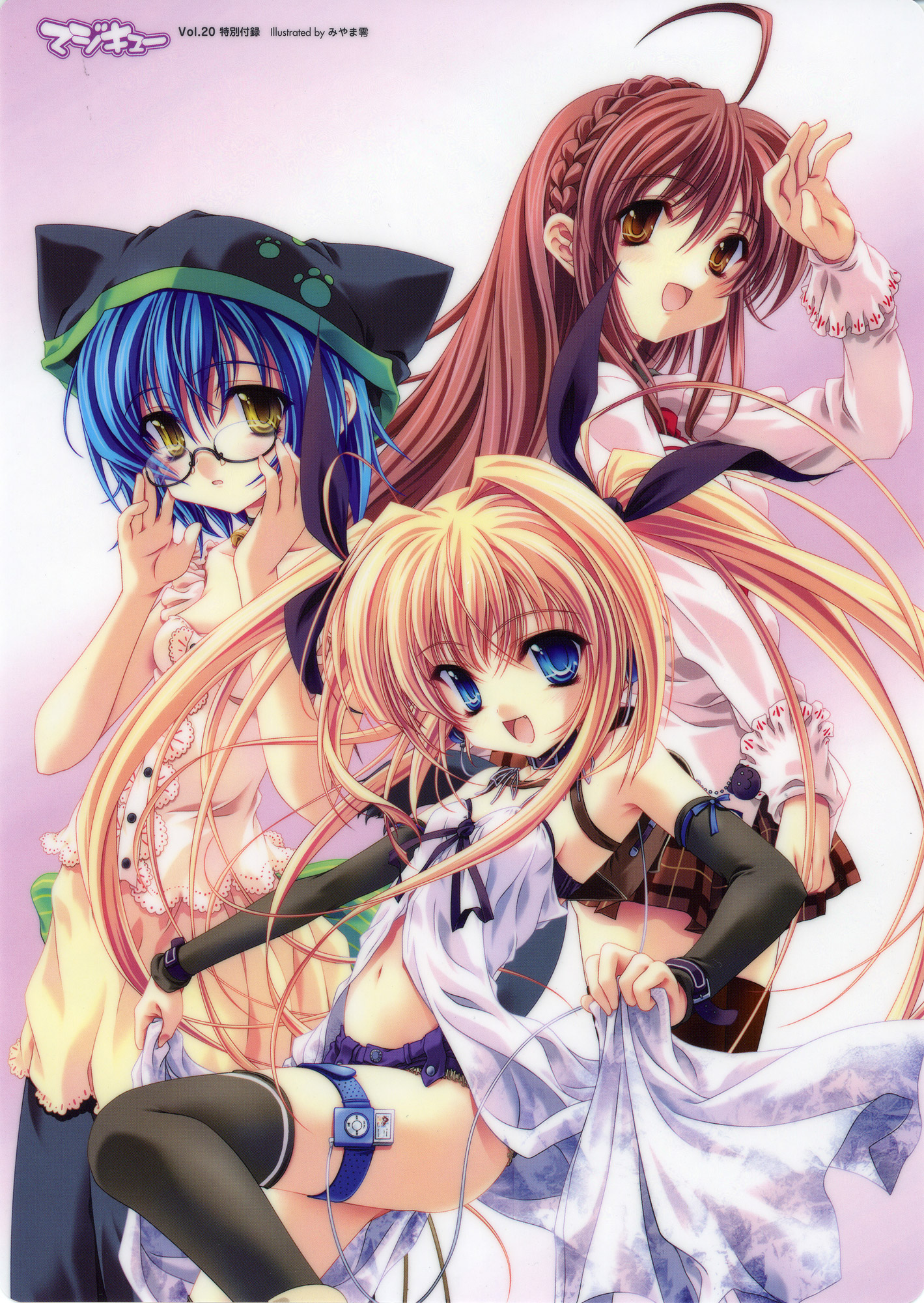 miyama-zero, highres, 3girls, blonde hair, blue eyes, blue hair, brown hair, glasses, hat, multiple girls, thighhighs, twintails, yellow eyes