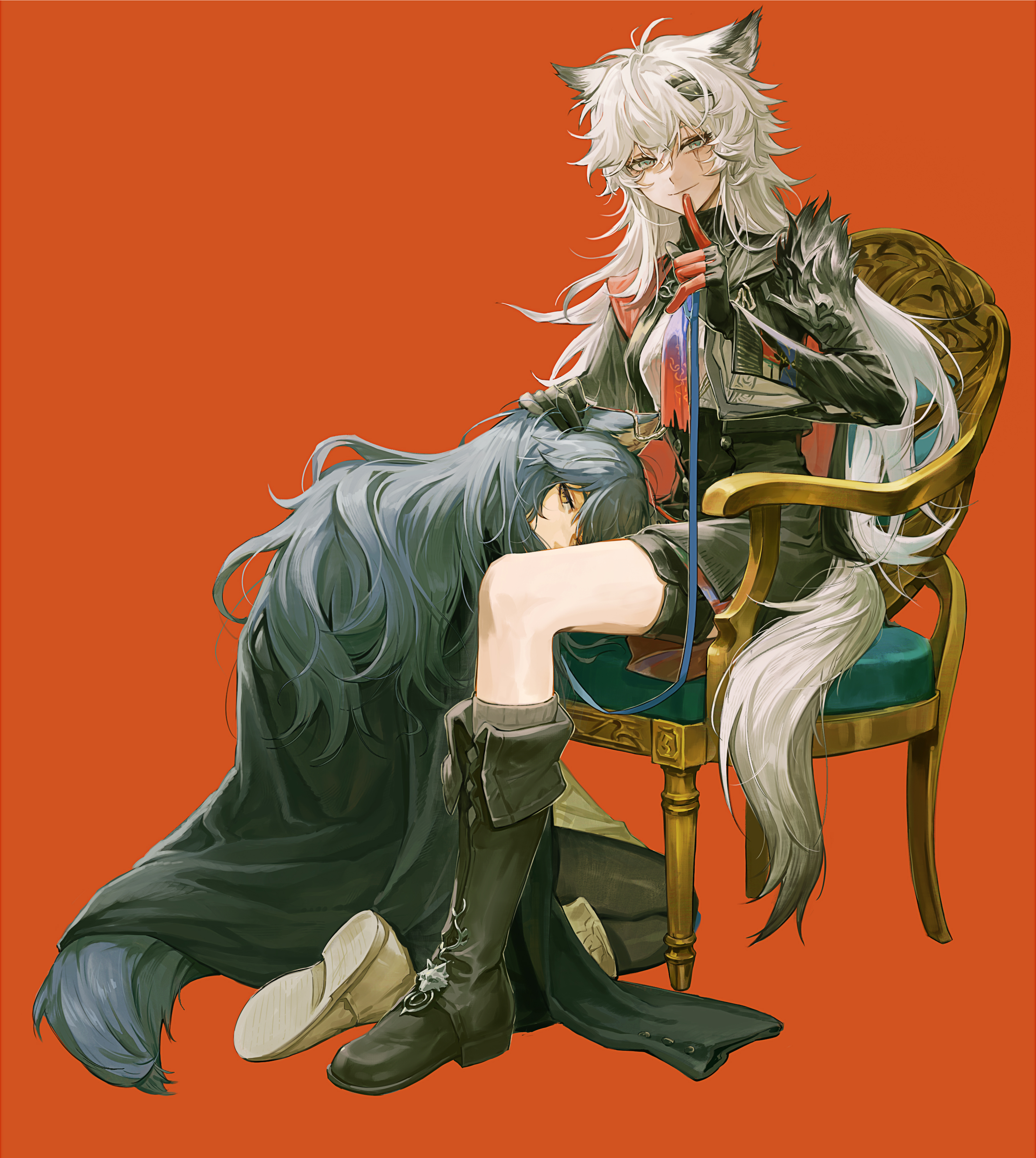 deatiose, lappland (arknights), lappland the decadenza (arknights), texas (arknights), texas the omertosa (arknights), arknights, absurdres, commentary request, highres, 2girls, animal ears, black boots, black gloves, black hair, black jacket, black pantyhose, black shorts, boots, closed mouth, finger to mouth, gloves, grey boots, grey eyes, holding, holding leash, jacket, lap pillow, leash, long hair, looking at viewer, multiple girls, pantyhose, red background, red gloves, scar, scar across eye, scar on face, shorts, shushing, simple background, smile, tail, two-tone gloves, white hair, wolf ears, wolf girl, wolf tail, yuri
