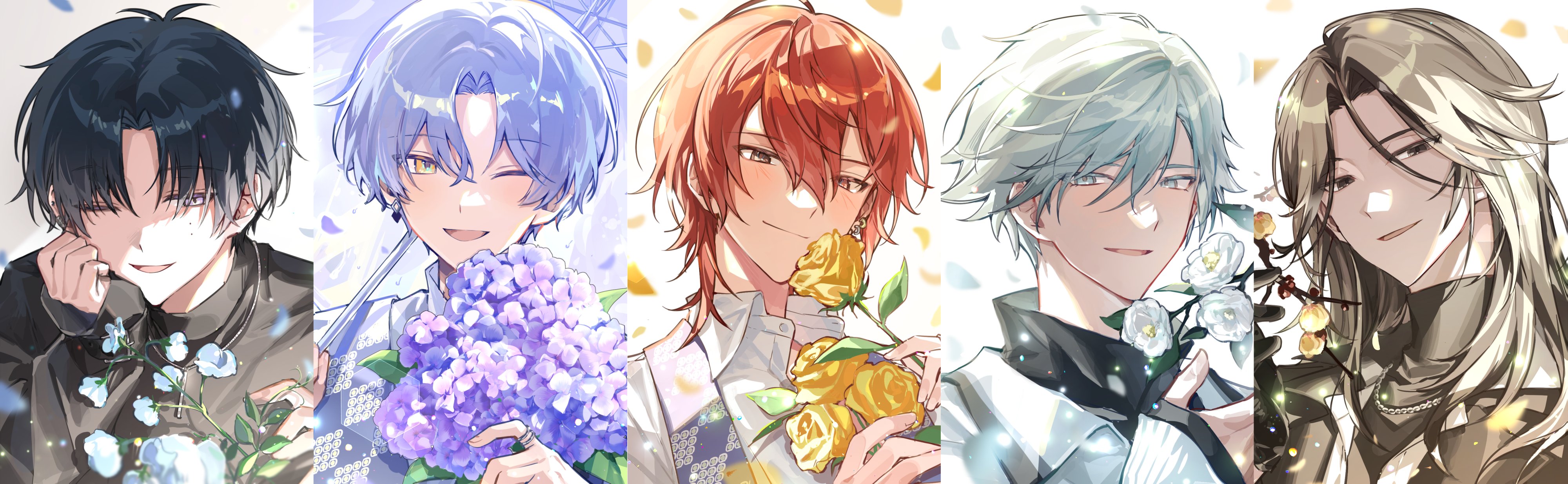 kamina yukikaze, nishizono renga, 18trip, absurdres, highres, 5boys, black eyes, black hair, black shirt, blonde hair, blue flower, closed mouth, flower, grey eyes, grey hair, hair between eyes, hamunicetrip, hand rest, high collar, holding, holding flower, long hair, lu liguang, male focus, mole, mole under eye, multiple boys, multiple moles, murakumo ten, oguro kafka, one eye closed, open mouth, parted bangs, portrait, purple flower, purple hair, red hair, shirt, short hair, sleeves past wrists, smile, turtleneck, white eyes, white flower, white hair, white shirt, yellow flower, yellow petals