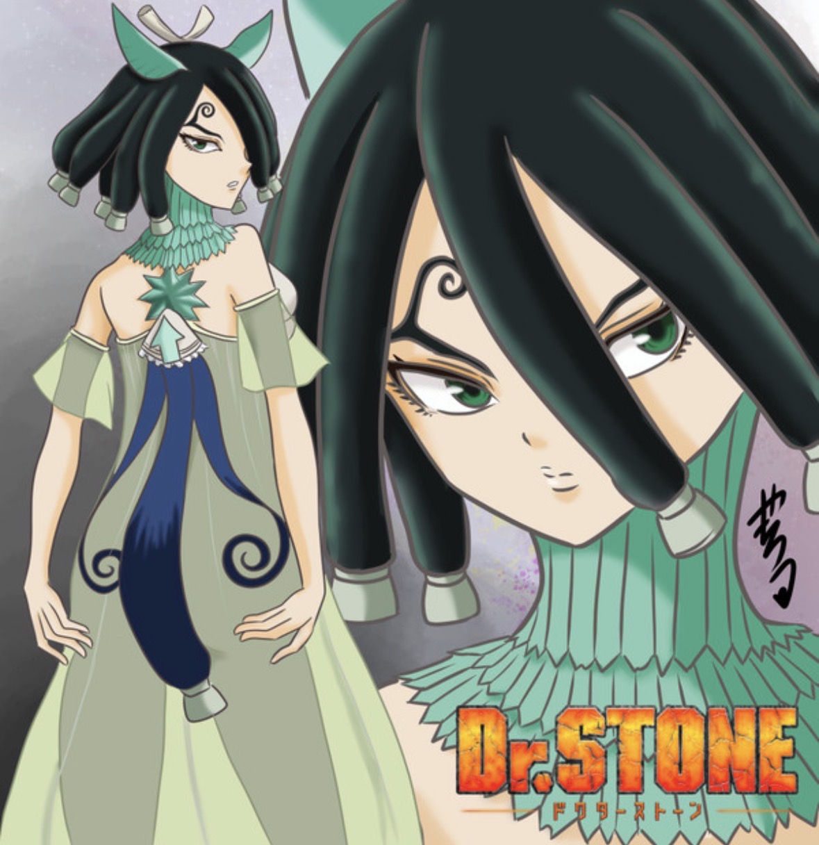 kirisame (dr. stone), dr. stone, highres, non-web source, anime coloring, dress, green eyes, green hair, looking at viewer, looking back, see-through clothes, serious, standing