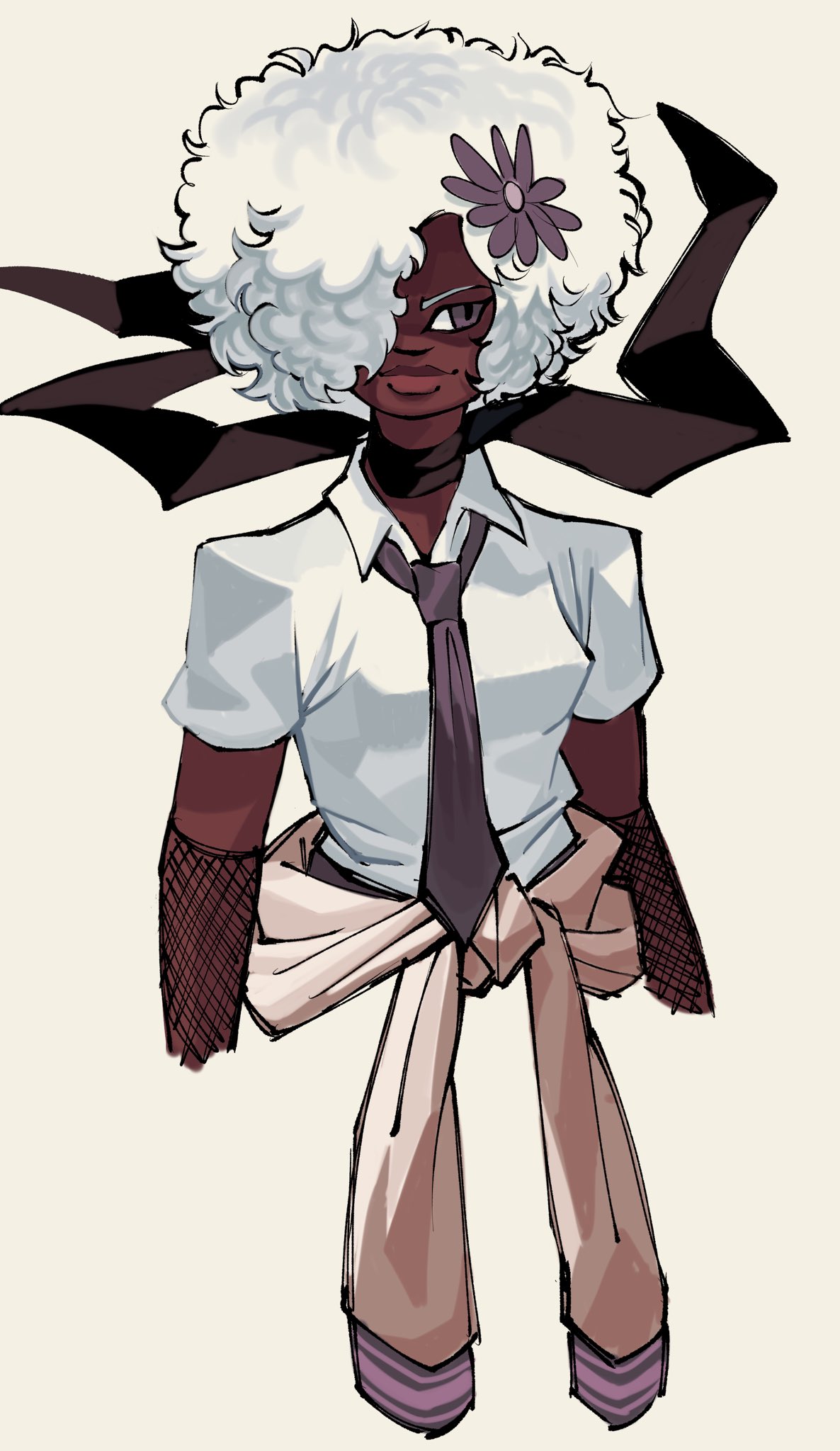 capsule (capsulecomputrz), shinobu jacobs, no more heroes, commentary, english commentary, highres, 1girl, afro, black necktie, black scarf, closed mouth, clothes around waist, collared shirt, cropped arms, dark-skinned female, dark skin, fishnet gloves, fishnets, floating scarf, flower, gloves, hair flower, hair ornament, hair over one eye, jacket, jacket around waist, looking to the side, necktie, purple eyes, scarf, shaded face, shirt, short hair, short sleeves, simple background, solo, upper body, white background, white hair, white shirt