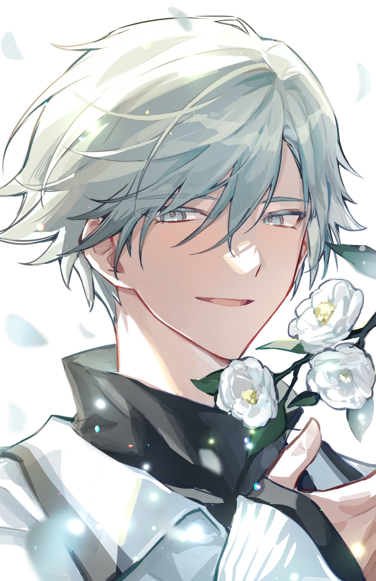 kamina yukikaze, 18trip, highres, 1boy, flower, hair between eyes, hamunicetrip, high collar, long sleeves, looking at viewer, male focus, open mouth, portrait, shirt, short hair, simple background, sleeves past wrists, smile, solo, white background, white eyes, white flower, white hair, white petals, white shirt