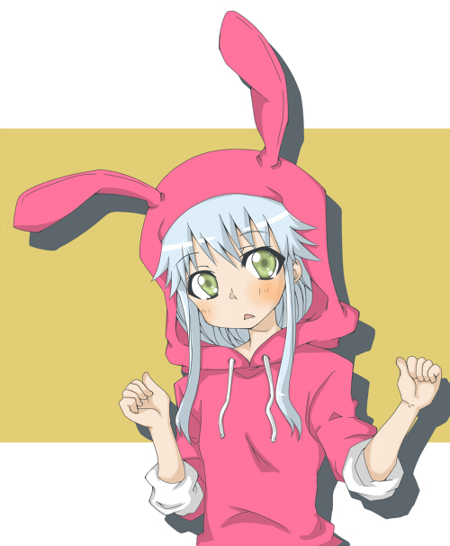 chika (artist), index (toaru majutsu no index), toaru majutsu no index, 00s, 1girl, animal costume, animal ears, blue hair, fake animal ears, female focus, green eyes, hood, long hair, open mouth, rabbit ears, simple background, solo, upper body