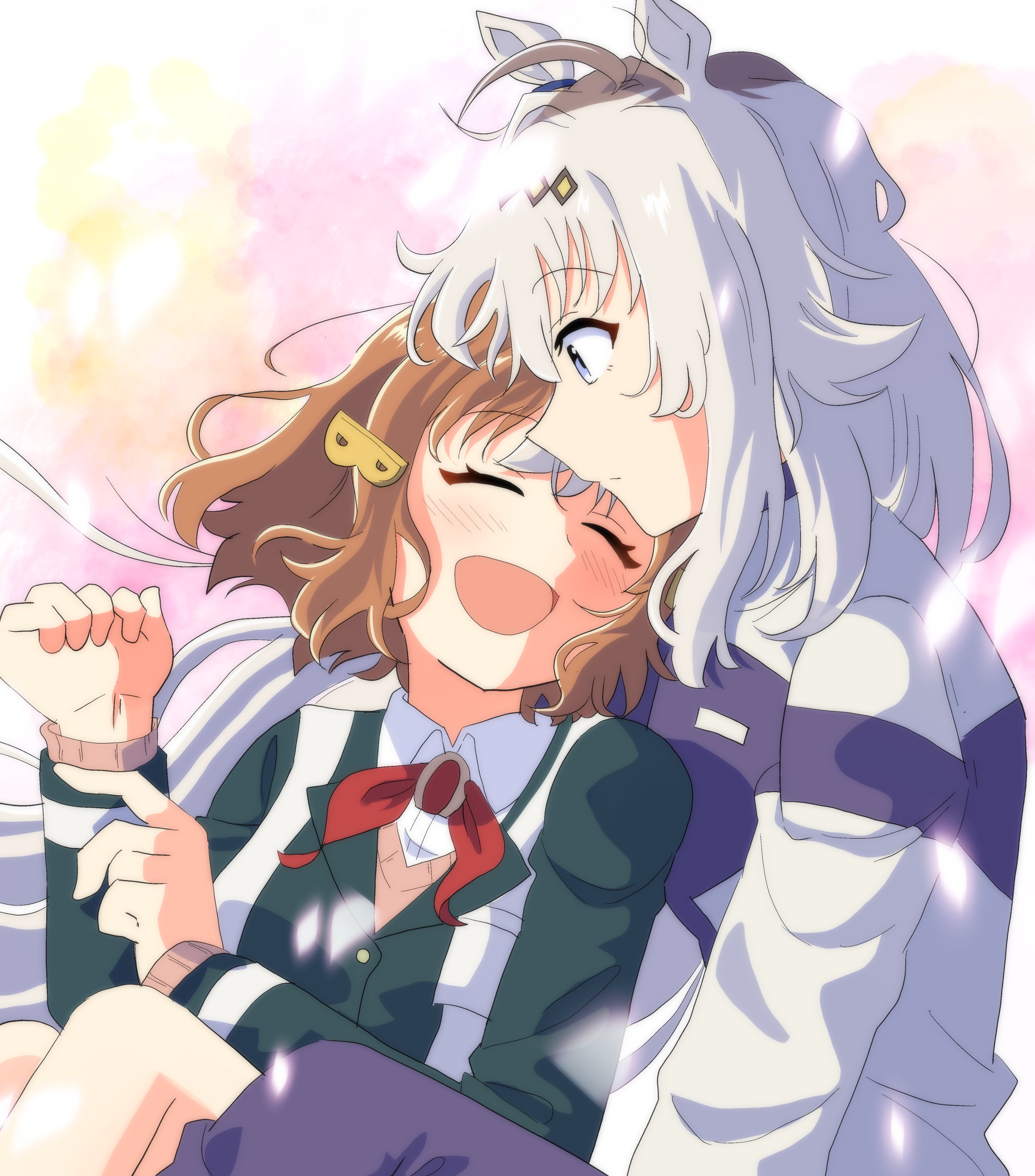 thunder line, belno light (umamusume), oguri cap (umamusume), umamusume, umamusume: cinderella gray, absurdres, highres, 2girls, animal ears, blue eyes, brown hair, closed eyes, horse ears, horse girl, long hair, medium hair, multiple girls, open mouth, school uniform, simple background, sitting, smile, track suit, white hair, yuri