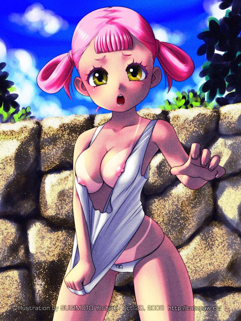 sugimoto yoshiaki, tendon, highres, 1girl, breasts, female focus, medium breasts, nipples, nude, pink hair, short hair, solo