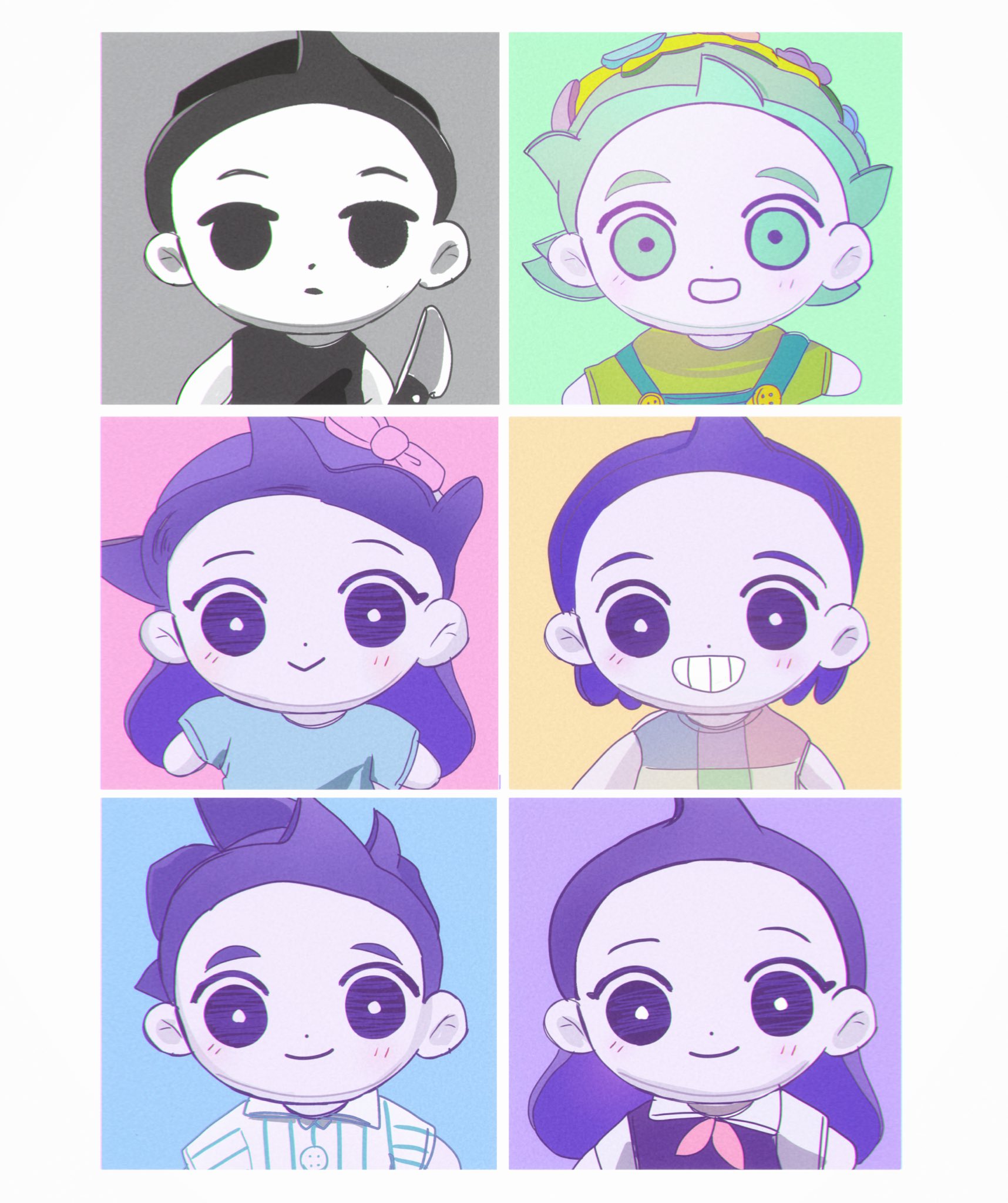 gimu108, aubrey (headspace) (omori), aubrey (omori), basil (headspace) (omori), basil (omori), hero (headspace) (omori), hero (omori), kel (headspace) (omori), kel (omori), mari (headspace) (omori), mari (omori), omori (omori), omori, commentary, highres, protected link, symbol-only commentary, 2girls, 4boys, :d, bangs blown up, bare shoulders, black eyes, black hair, black shirt, blue background, blue shirt, border, bow, bright pupils, brother and sister, brothers, character doll, checkered clothes, checkered shirt, chromatic aberration, closed mouth, collared shirt, doll, dot nose, empty eyes, expressionless, film grain, forehead, green background, green eyes, green hair, grey background, grin, hair behind ear, hair bow, holding, holding knife, knife, long hair, long sleeves, multiple boys, multiple girls, neckerchief, no pupils, open mouth, pink background, pink bow, pink neckerchief, pinstripe pattern, pinstripe shirt, purple background, purple eyes, purple hair, purple sweater vest, shirt, short hair, siblings, simple background, sleeveless, sleeveless shirt, smile, straight hair, sweater vest, upper body, very short hair, white border, white pupils, white shirt, yellow background