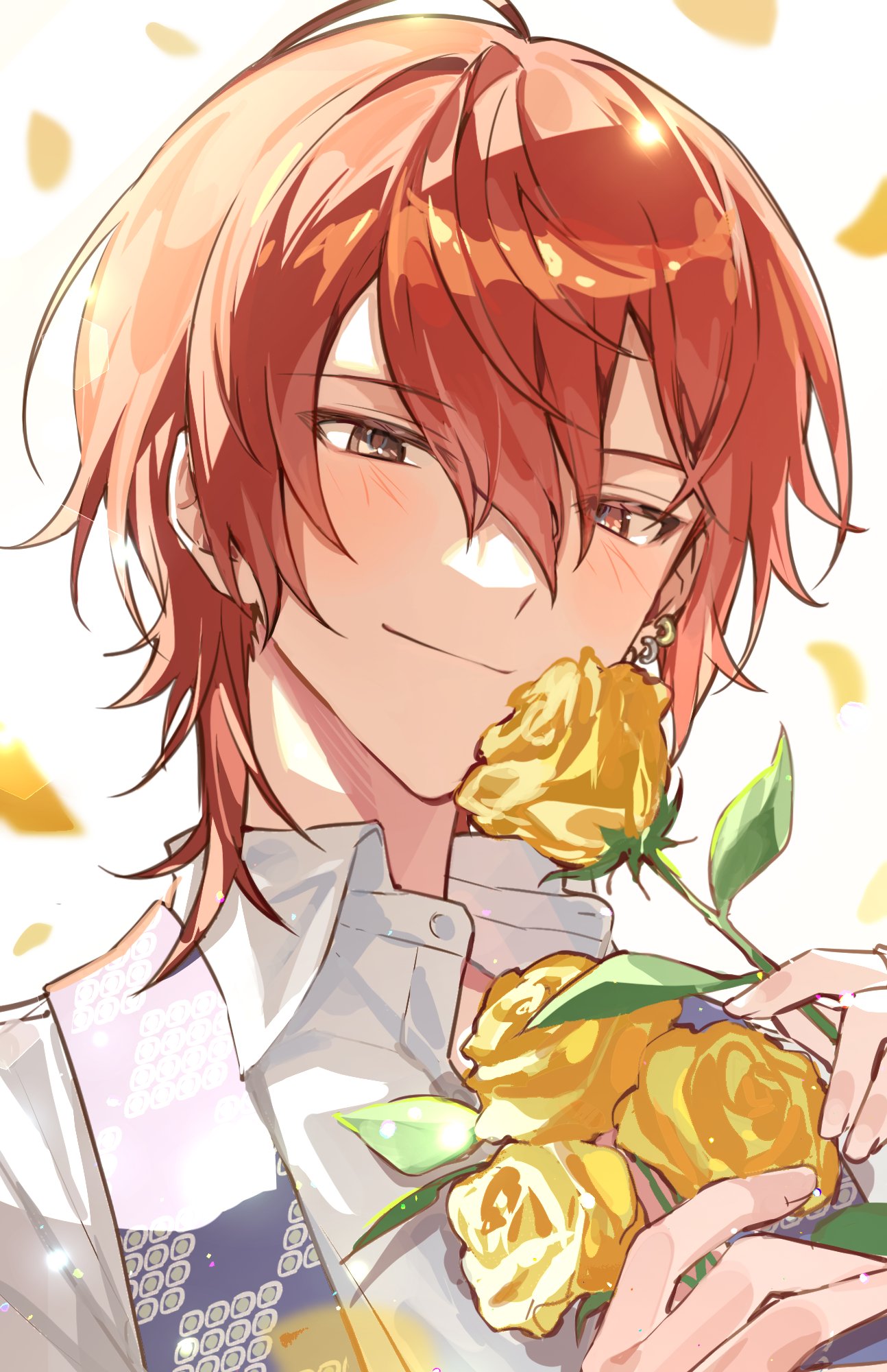 nishizono renga, 18trip, highres, 1boy, closed mouth, earrings, flower, hair between eyes, hamunicetrip, holding, holding flower, jewelry, looking at flowers, male focus, medium hair, portrait, red hair, shirt, simple background, smile, solo, white background, white shirt, yellow flower, yellow petals
