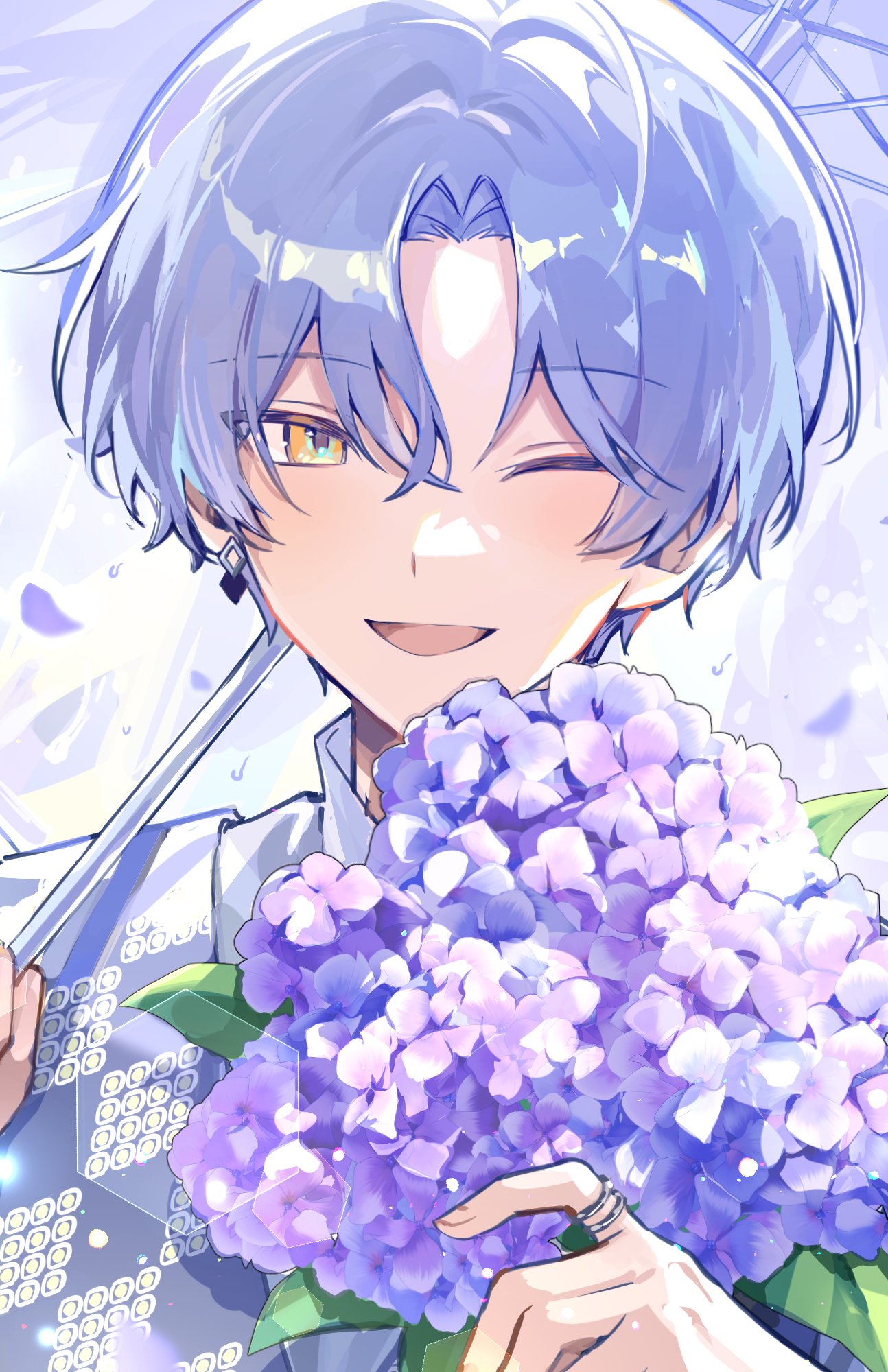 18trip, highres, 1boy, blonde hair, flower, hair between eyes, hamunicetrip, holding, holding flower, holding umbrella, hydrangea, jewelry, looking at viewer, male focus, oguro kafka, one eye closed, open mouth, parted bangs, portrait, purple flower, purple hair, purple petals, ring, short hair, smile, solo, umbrella