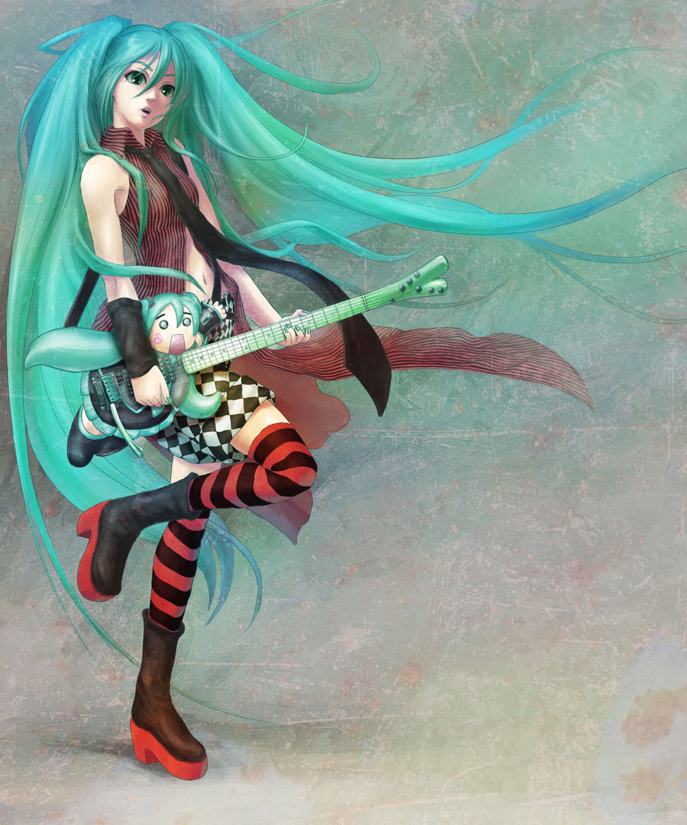 naramura, hachune miku, hatsune miku, vocaloid, platform footwear, highres, 1girl, aqua hair, cameo, female focus, guitar, instrument, long hair, solo, spring onion, striped clothes, striped thighhighs, themed object, thighhighs, twintails, zettai ryouiki