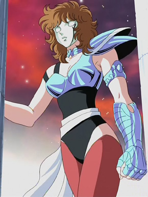 araki shingo, himeno michi, eagle marin, saint seiya, toei company, lowres, 1girl, araki shingo (style), armor, breasts, female focus, large breasts, red hair, solo