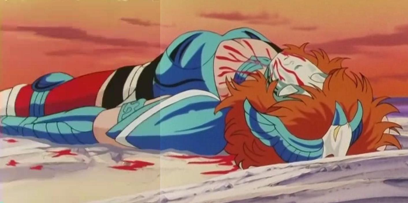 eagle marin, saint seiya, 1girl, armor, blood, breasts, defeat, female focus, large breasts, red hair, solo, unconscious