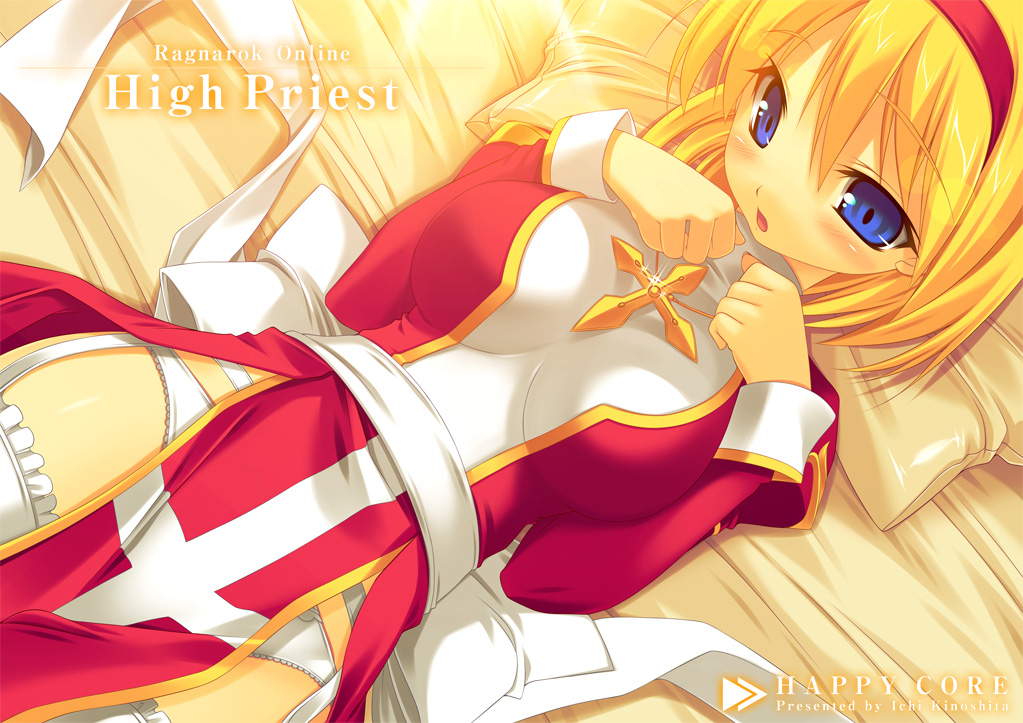kinoshita ichi, high priest (ragnarok online), ragnarok online, 1girl, blonde hair, blue eyes, female focus, garter belt, hairband, lying, panties, pelvic curtain, short hair, solo, thighhighs, underwear, white panties