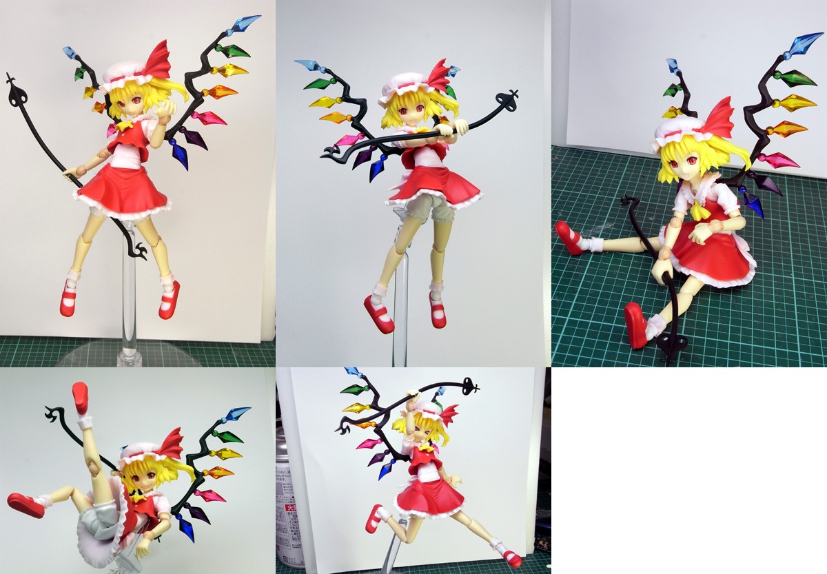 flandre scarlet, touhou, non-web source, photo (medium), 1girl, blonde hair, bloomers, female focus, figure, figure (medium), hat, hat ribbon, mary janes, one side up, red eyes, ribbon, shoes, side ponytail, skirt, socks, underwear, wings