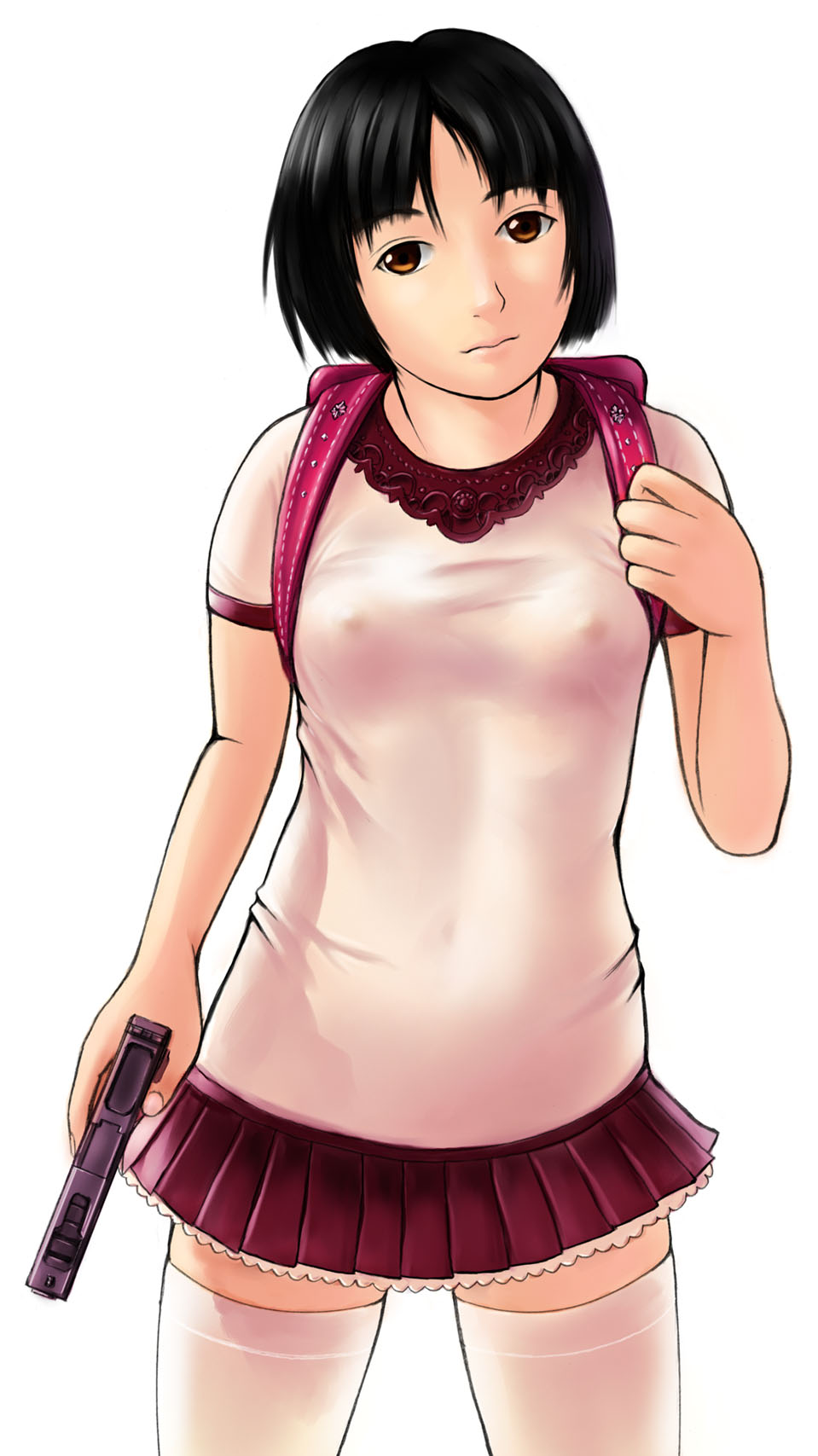 mimura kaoru, original, highres, 1girl, backpack, bag, black hair, breasts, brown eyes, covered erect nipples, female focus, gun, handgun, no bra, pistol, randoseru, school bag, see-through clothes, semi-automatic pistol, short hair, skin tight, small breasts, solo, thighhighs, weapon, zettai ryouiki